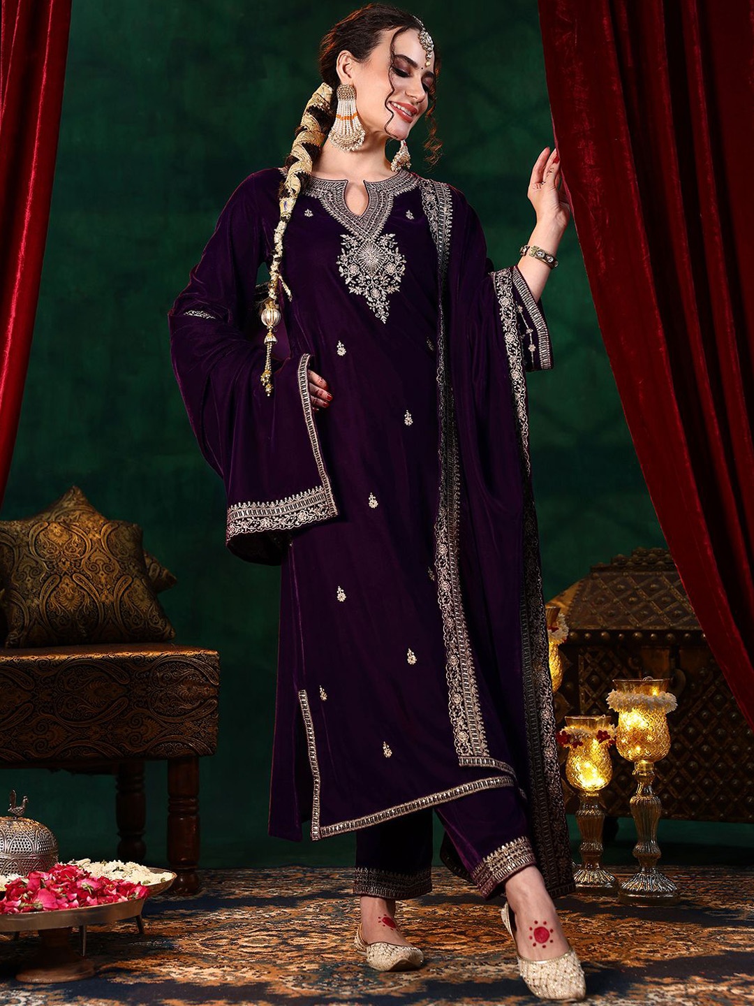 

Libas Purple Floral Zari Embroidered Velvet Straight Kurta with Trousers & Dupatta