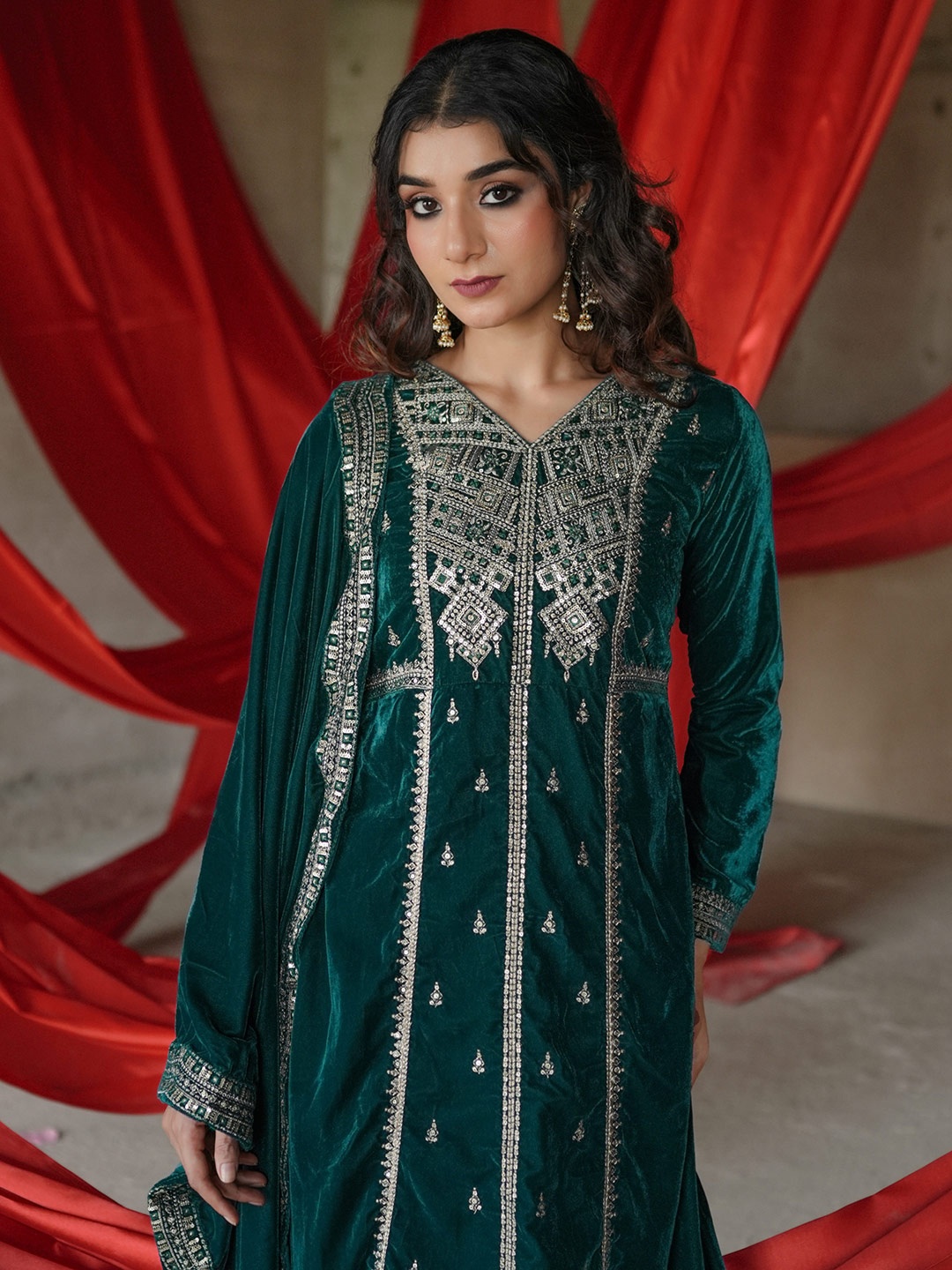 

Libas Ethnic Motifs Embroidered Velvet A-Line Kurta With Trousers & Dupatta, Green