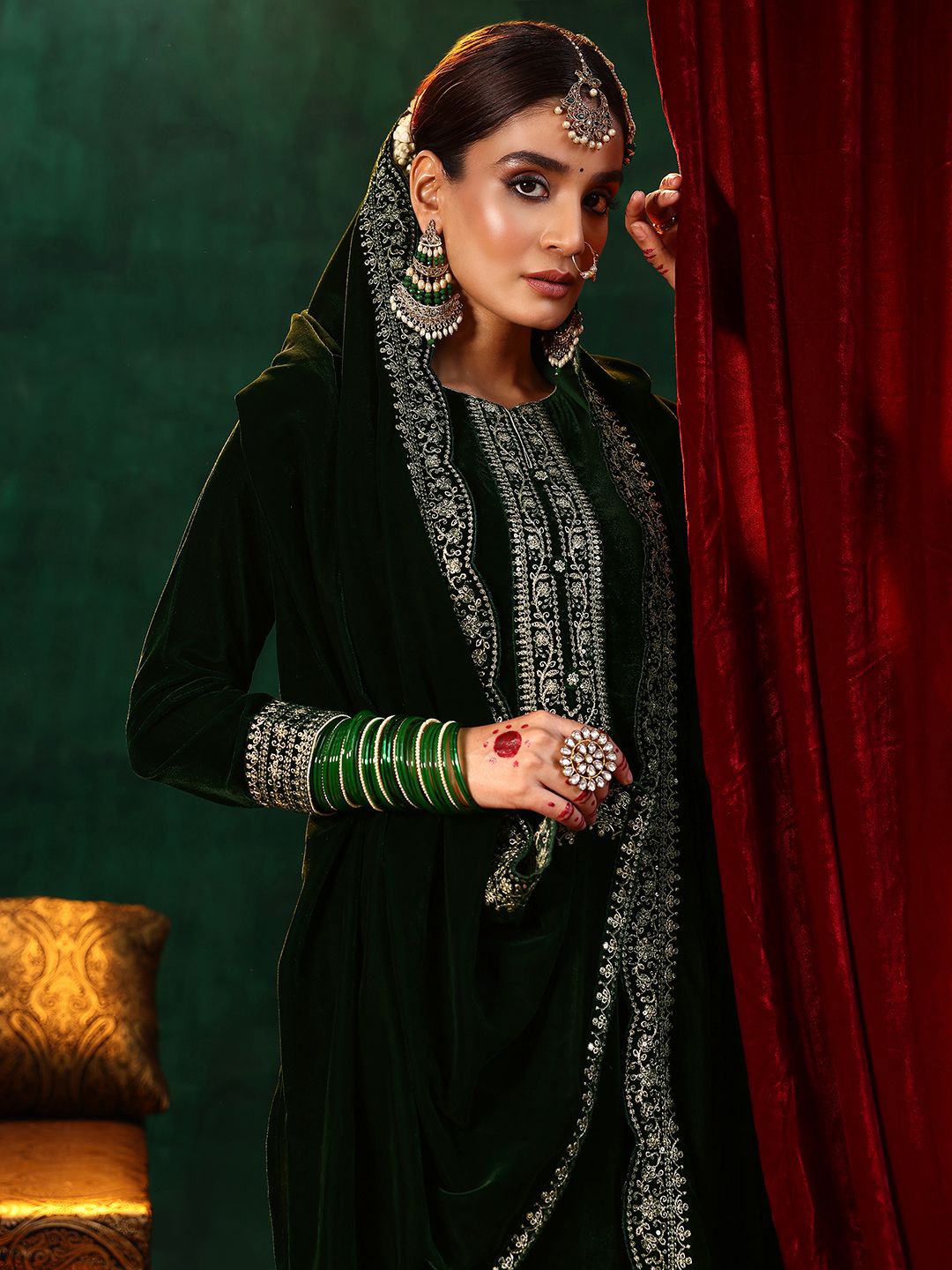 

Libas Floral Yoke Design Straight Sequinned Velvet Kurta with Trousers & With Dupatta, Green