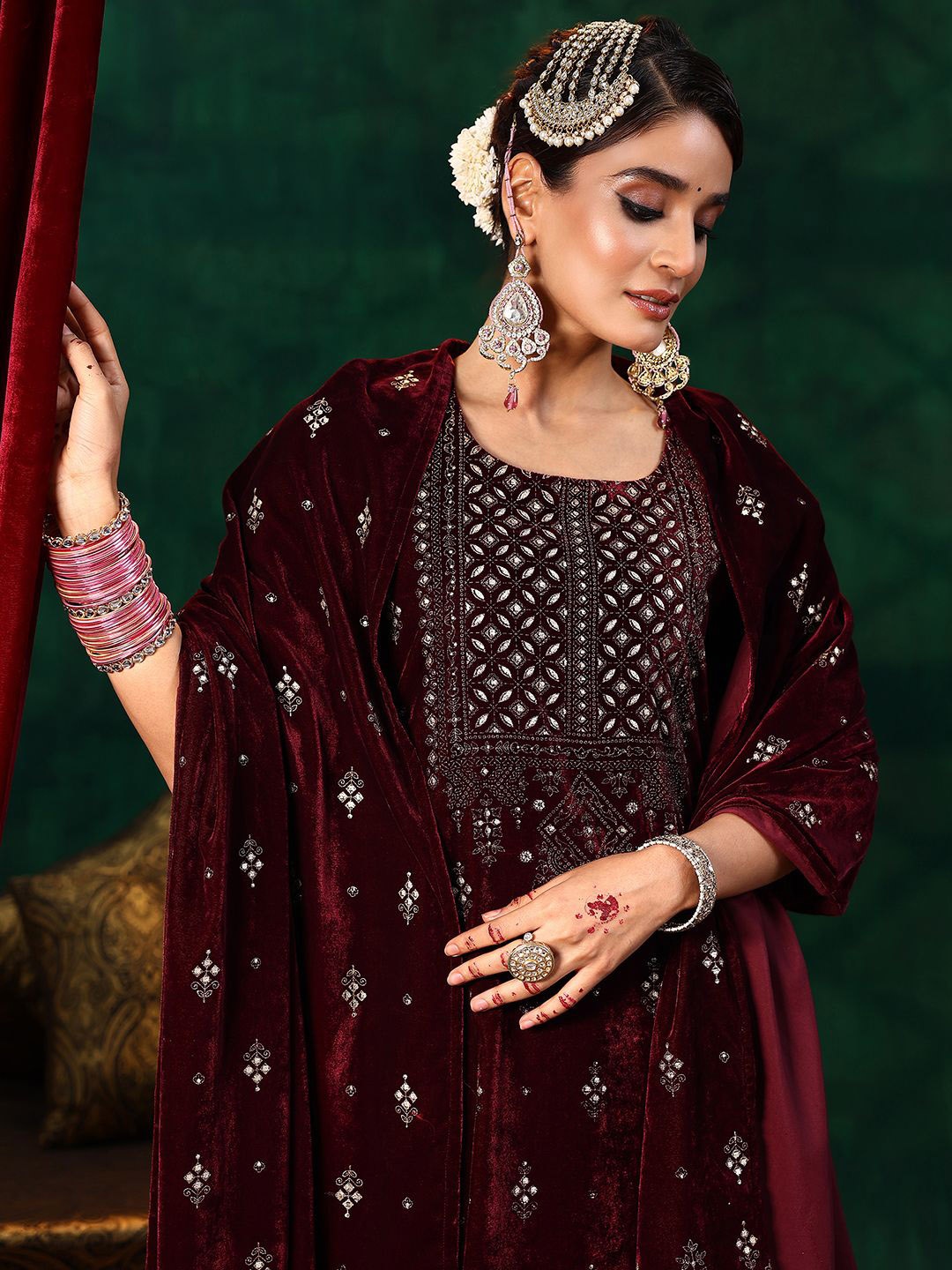 

Libas Burgundy Floral Zari Embroidered Velvet Kurta with Salwar & Dupatta