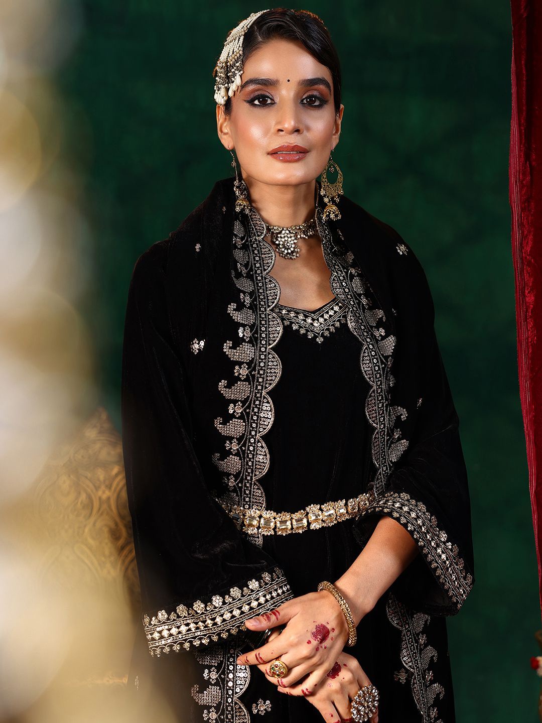 

Libas Straight Velvet Thread Work Kurta with Trousers & Dupatta, Black