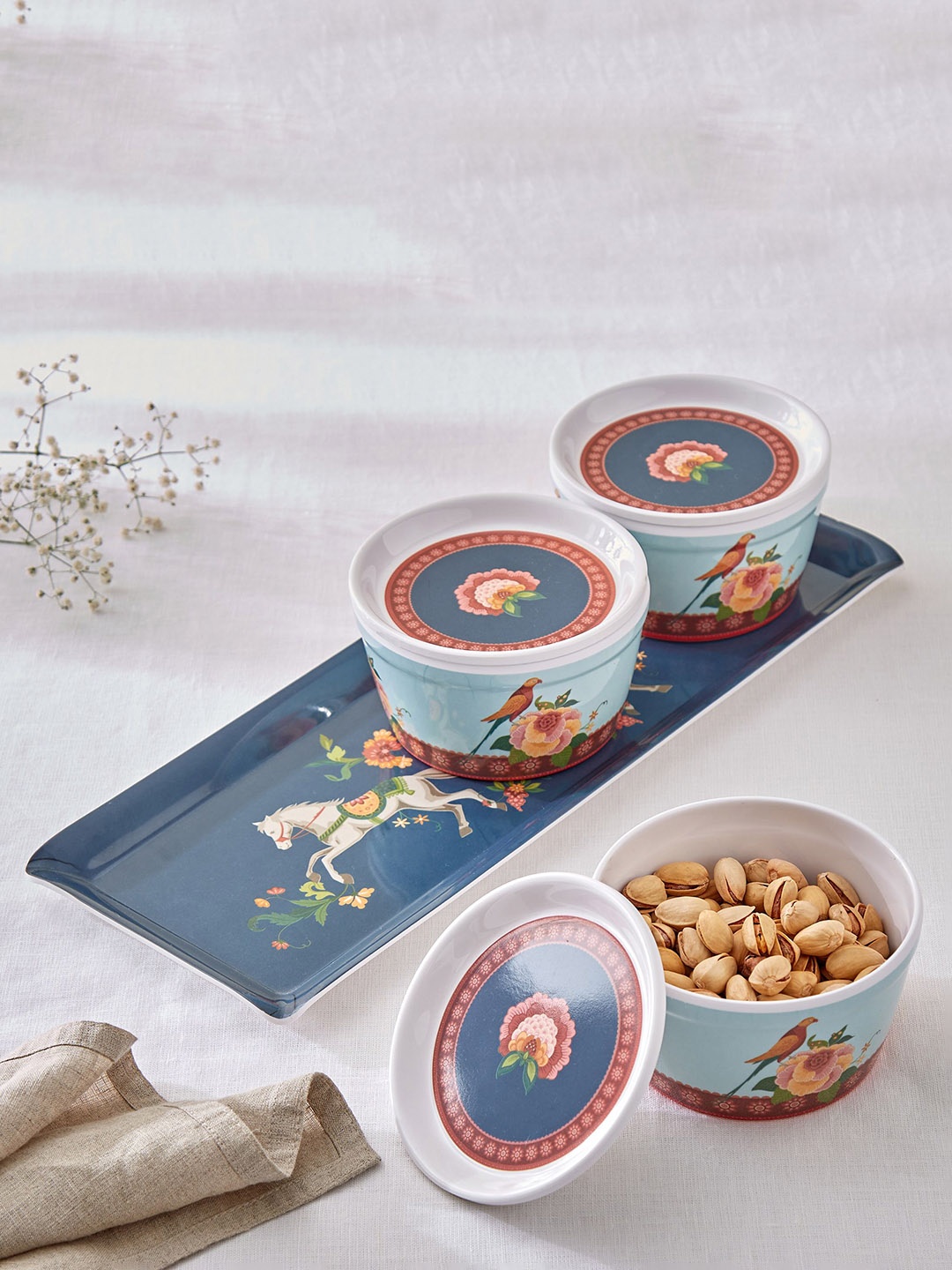 

Home Centre Jalsa Blue 3 Pieces Melamine Serving Bowl with Tray 300 ml