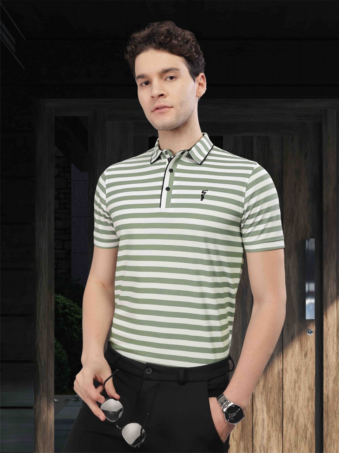 

STELLERS Men Striped Polo Collar T-shirt, Green
