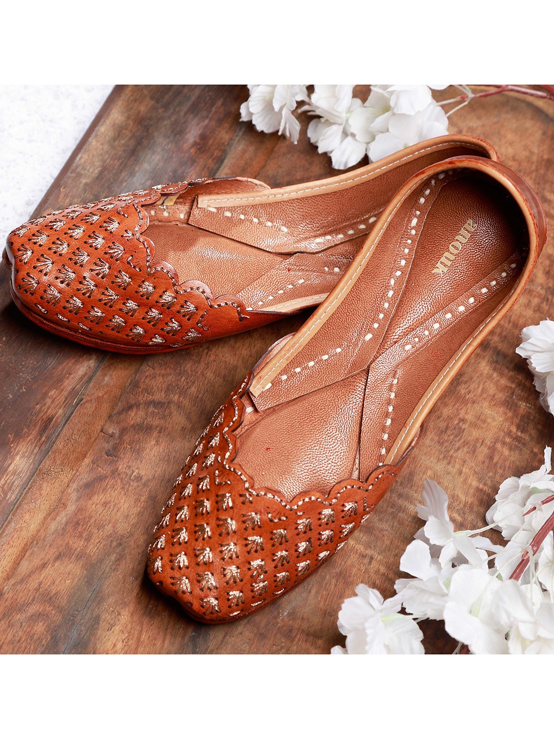 

Anouk Women Round Toe Mojaris with Embroidered Flats, Tan