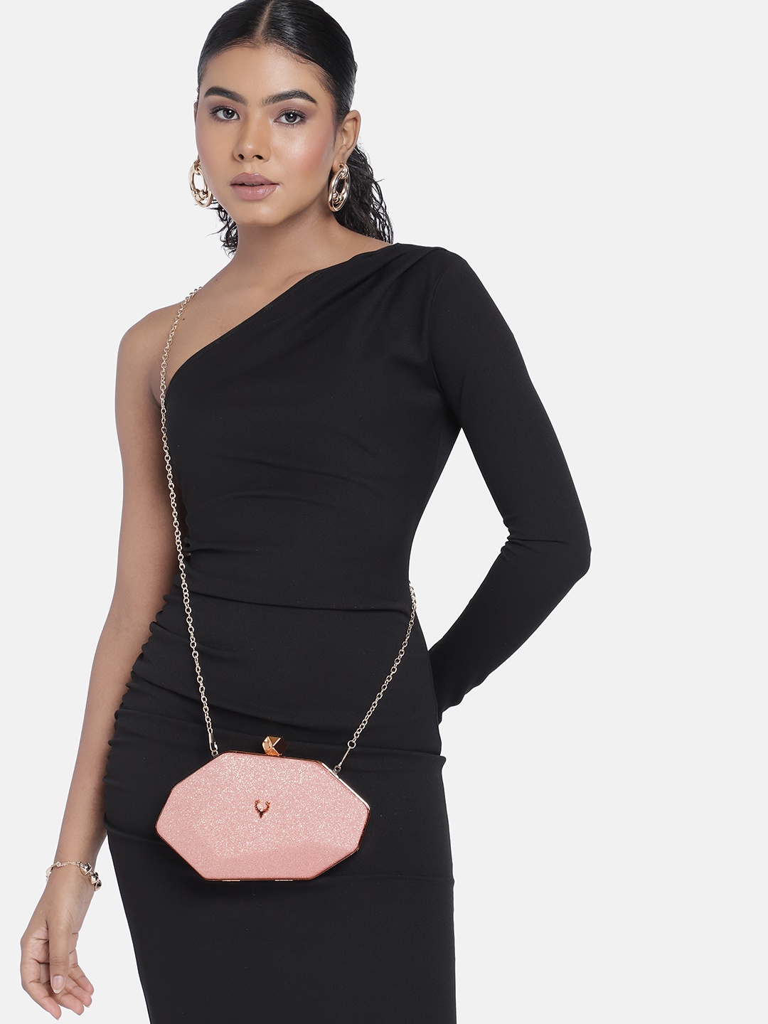 

Allen Solly Shimmery Textured Octagonal Purse Clutch, Peach
