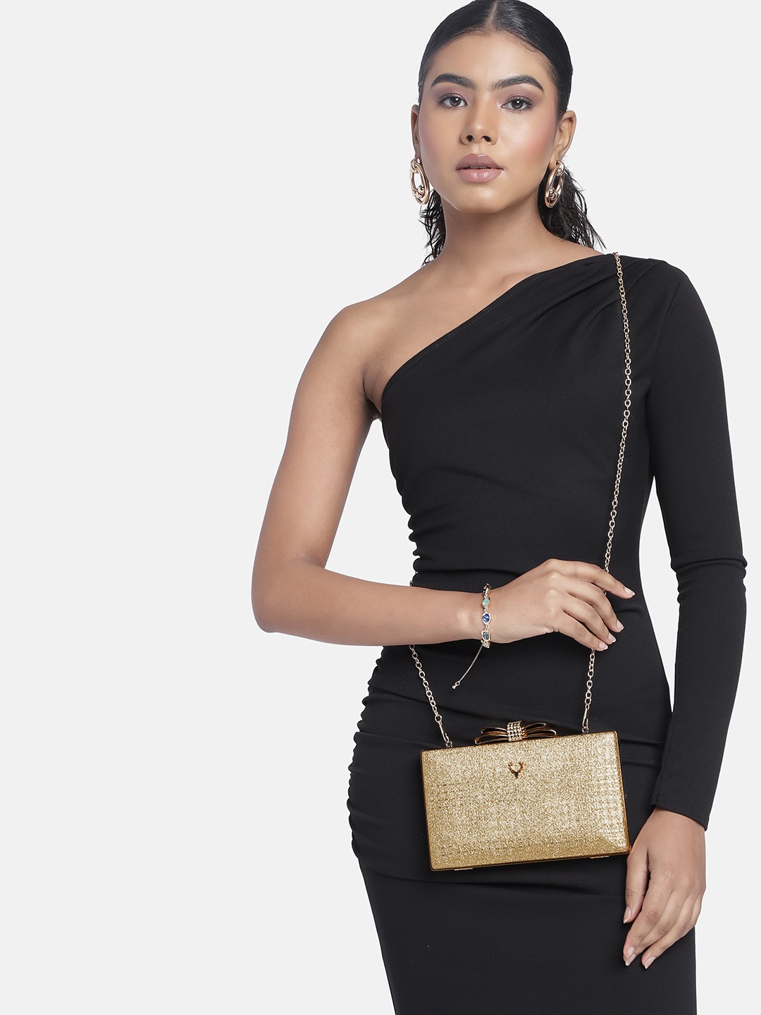 

Allen Solly Bow Stone Studded Embellished Box Clutch, Gold