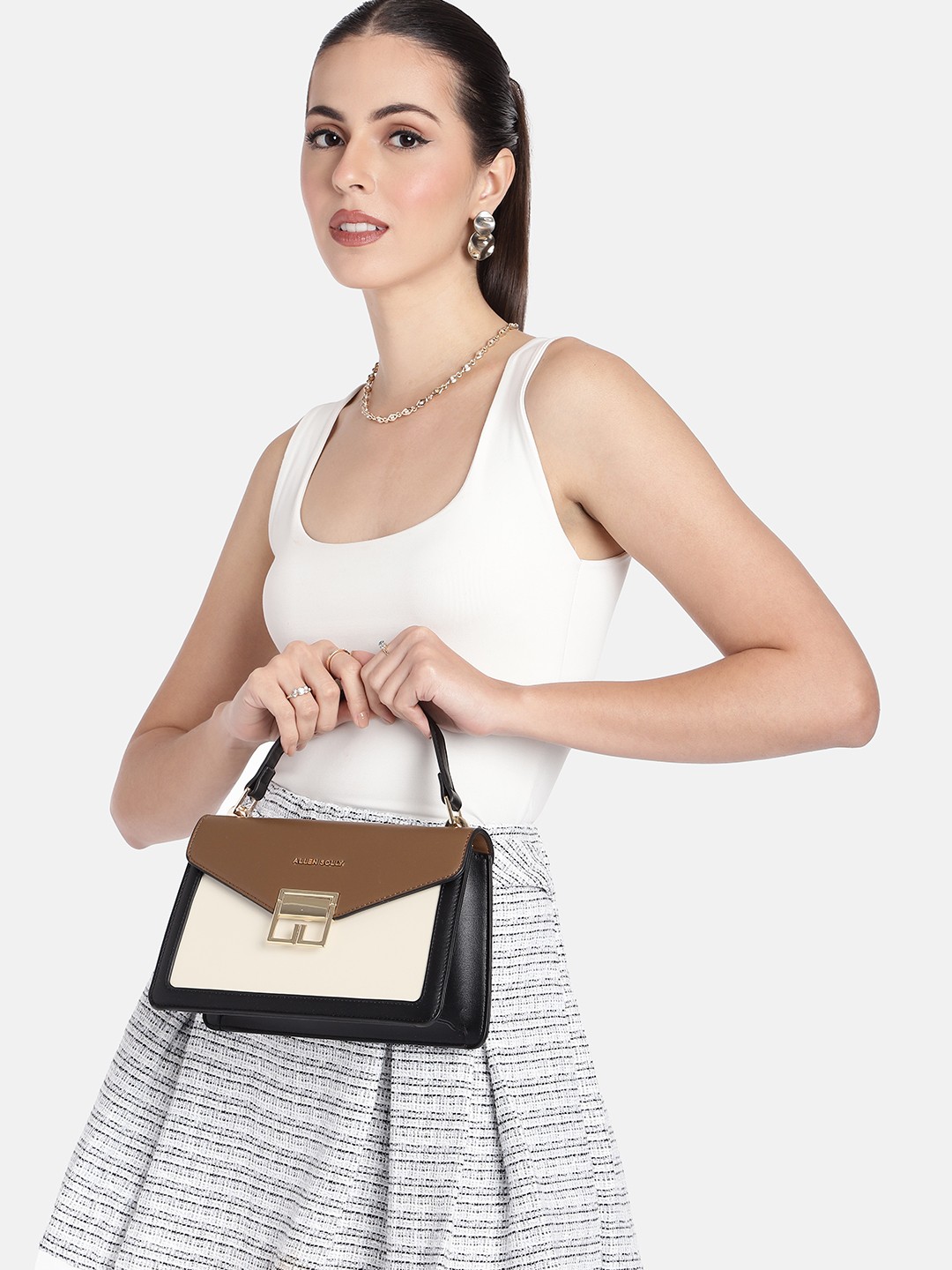 

Allen Solly Colourblocked Structured Satchel, Brown