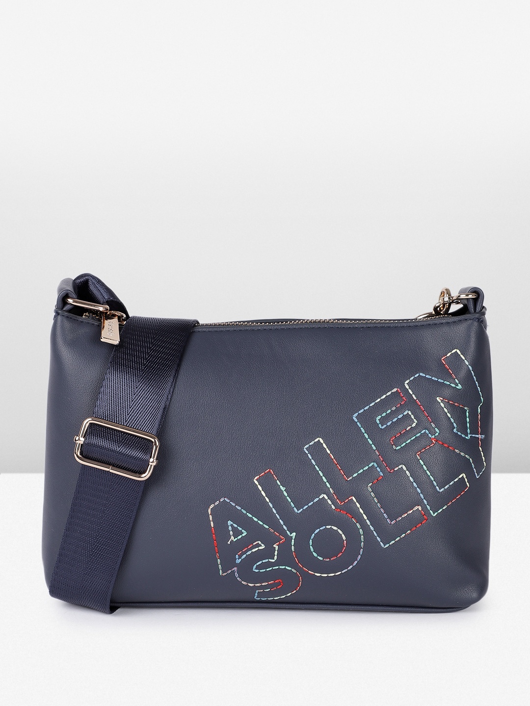 

Allen Solly Brand Logo Embroidered Structured Sling Bag, Navy blue