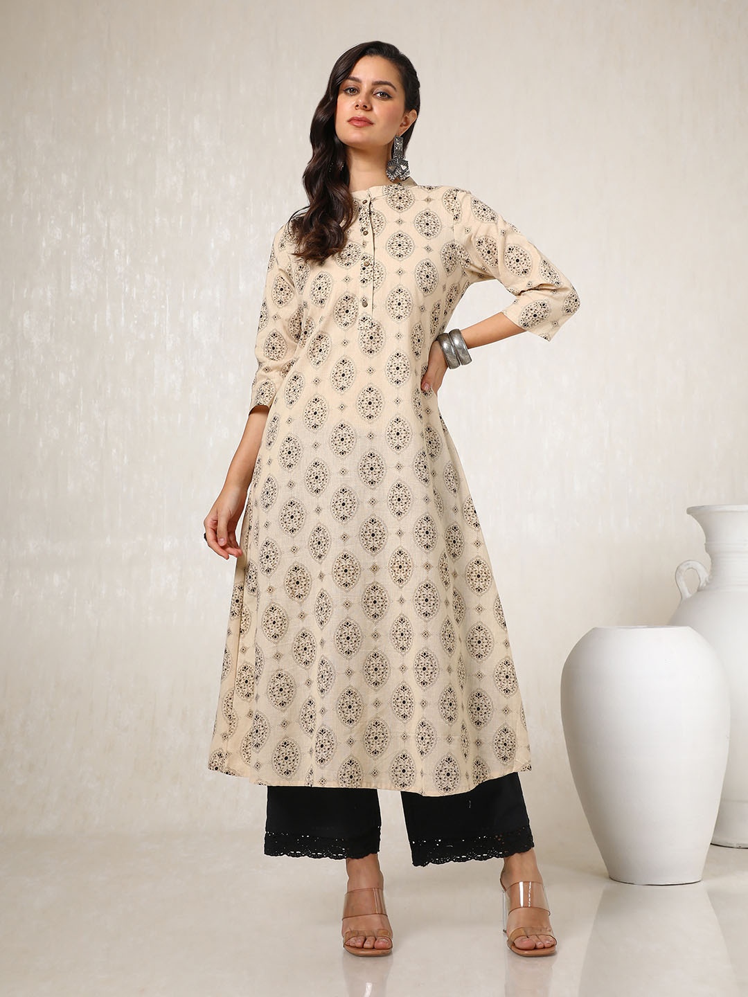 

Soch Ethnic Motifs Printed Mandarin Collar A-Line Kurta, Beige