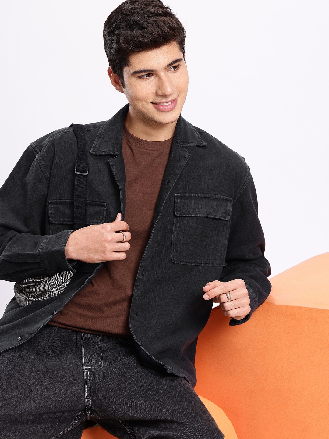 

Aeropostale Cuban Collar Pure Cotton Denim Shacket, Black