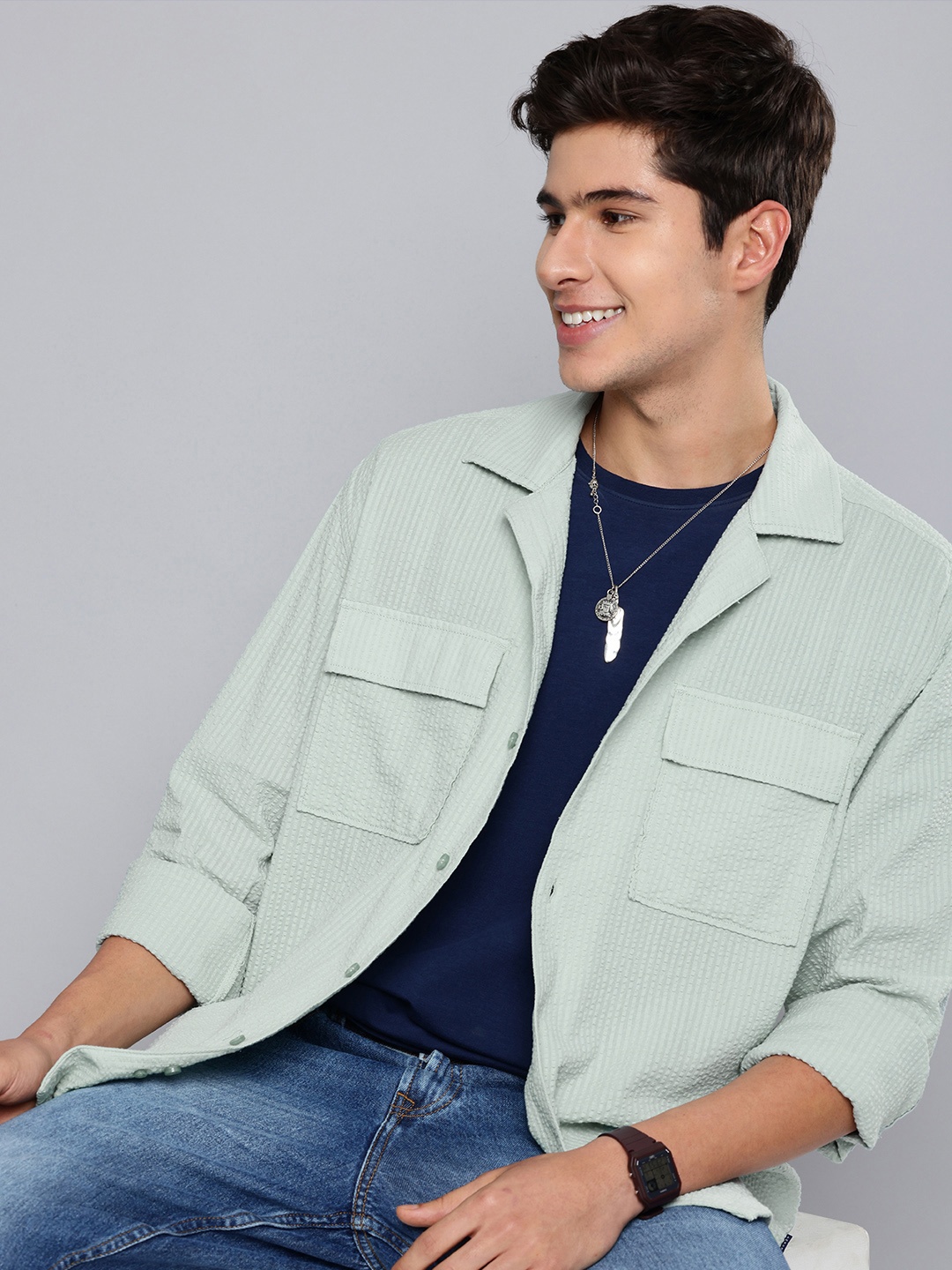 

Aeropostale Textured Self Design Opaque Pure Cotton Casual Shirt, Green