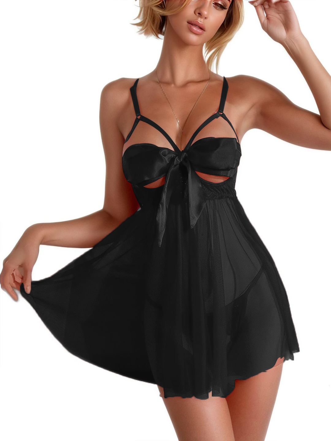 

KRENOZ Net Front Bow Tie-Up Baby Doll, Black