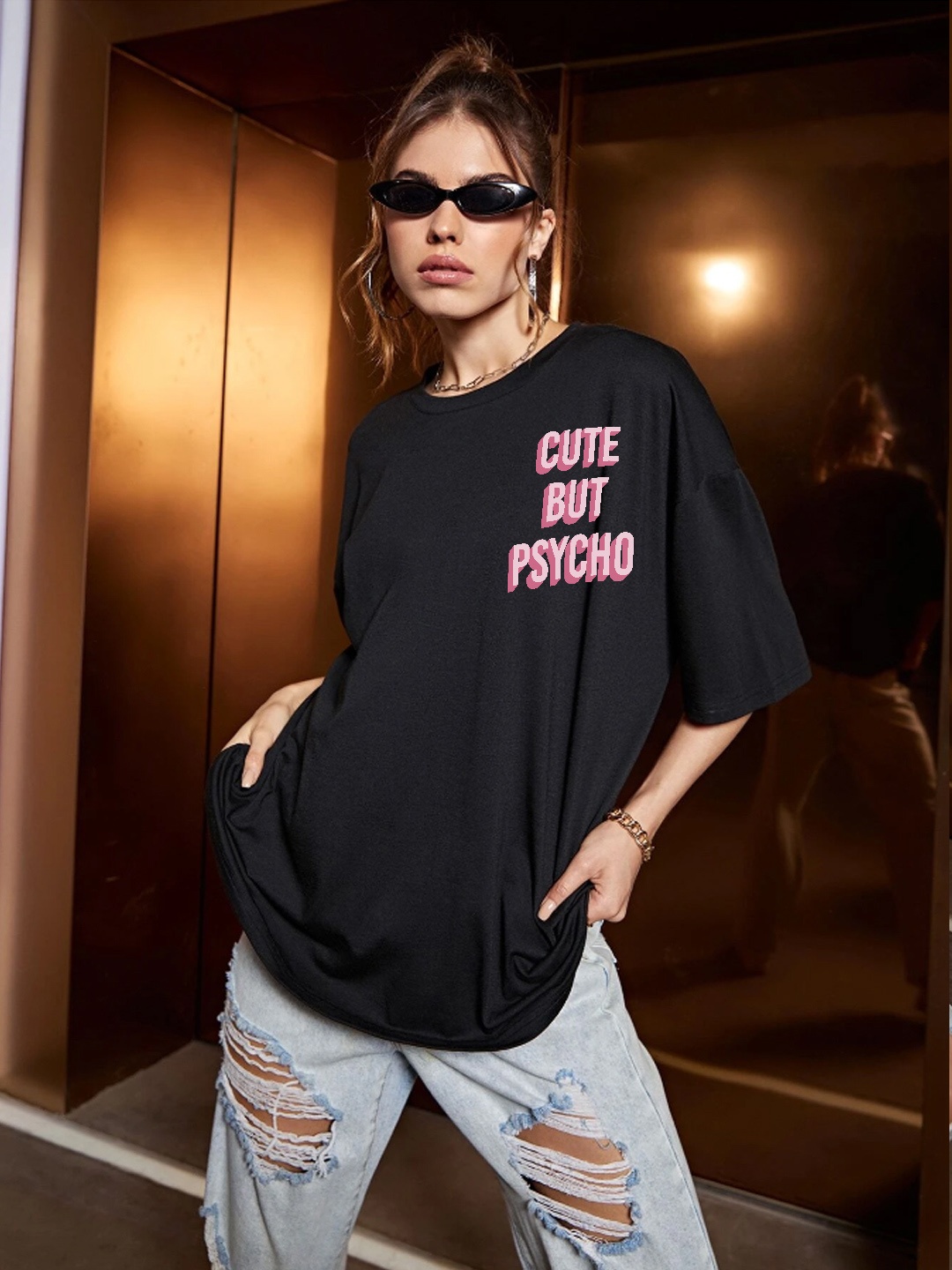 

Stylecast X Hersheinbox Printed Pure Cotton Oversized T-shirt, Black