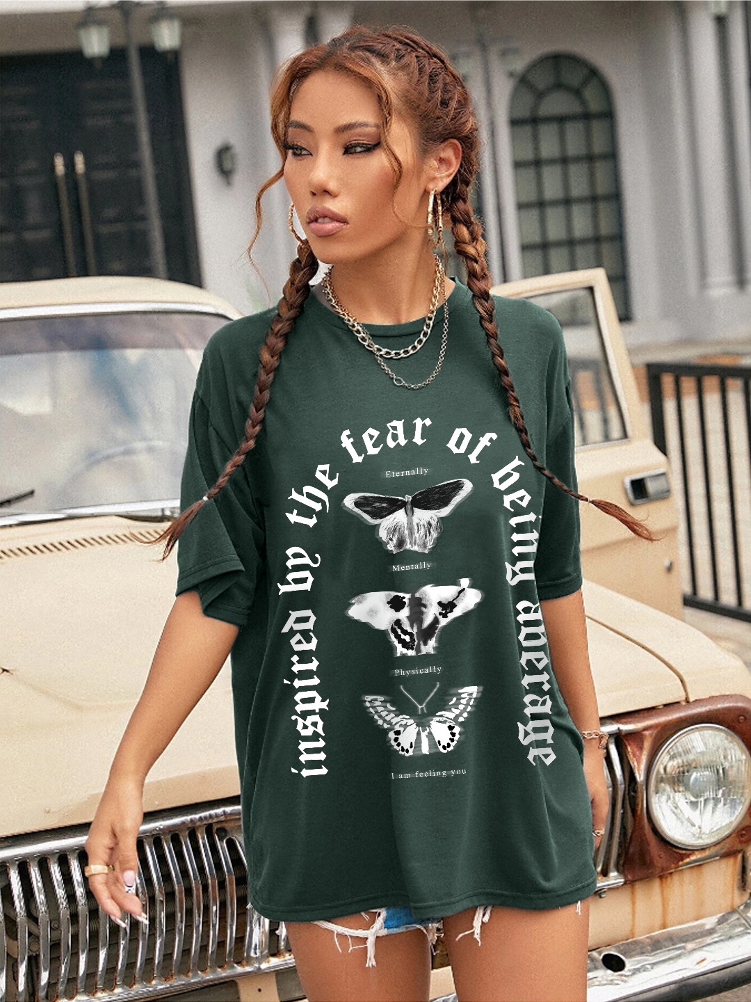 

Stylecast X Hersheinbox Typography Printed Drop-Shoulder Sleeves T-shirt, Green