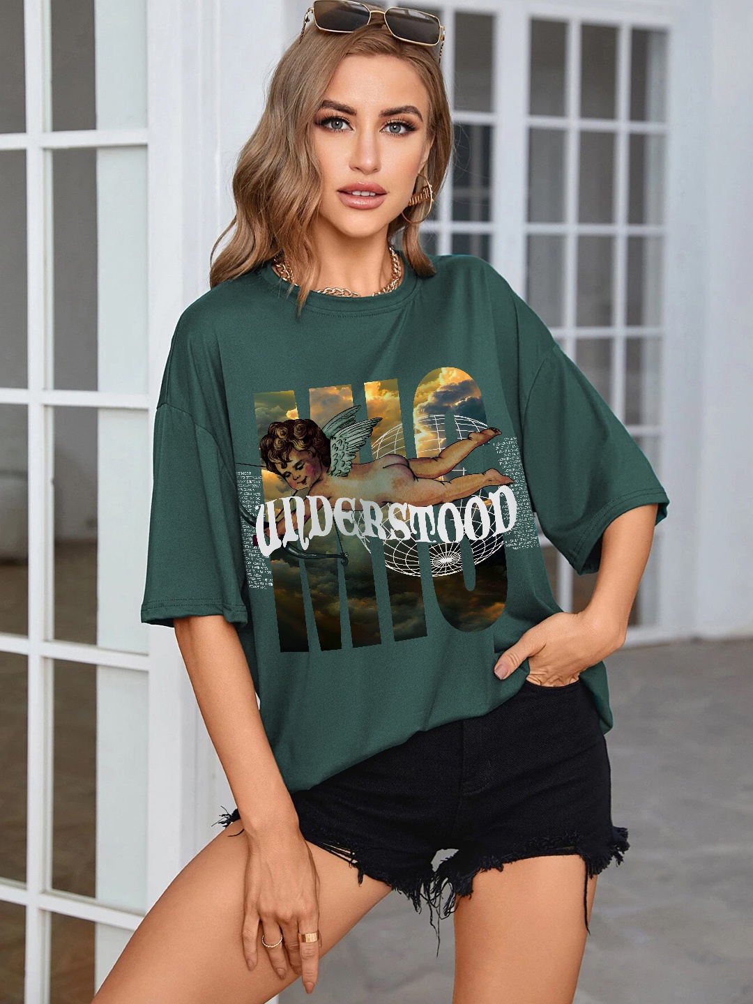 

Stylecast X Hersheinbox Women Printed Drop-Shoulder Sleeves Pure Cotton T-shirt, Green