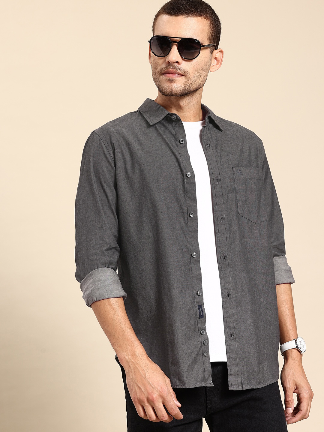 

United Colors of Benetton Indigo Pure Cotton Chambray Opaque Casual Shirt, Charcoal