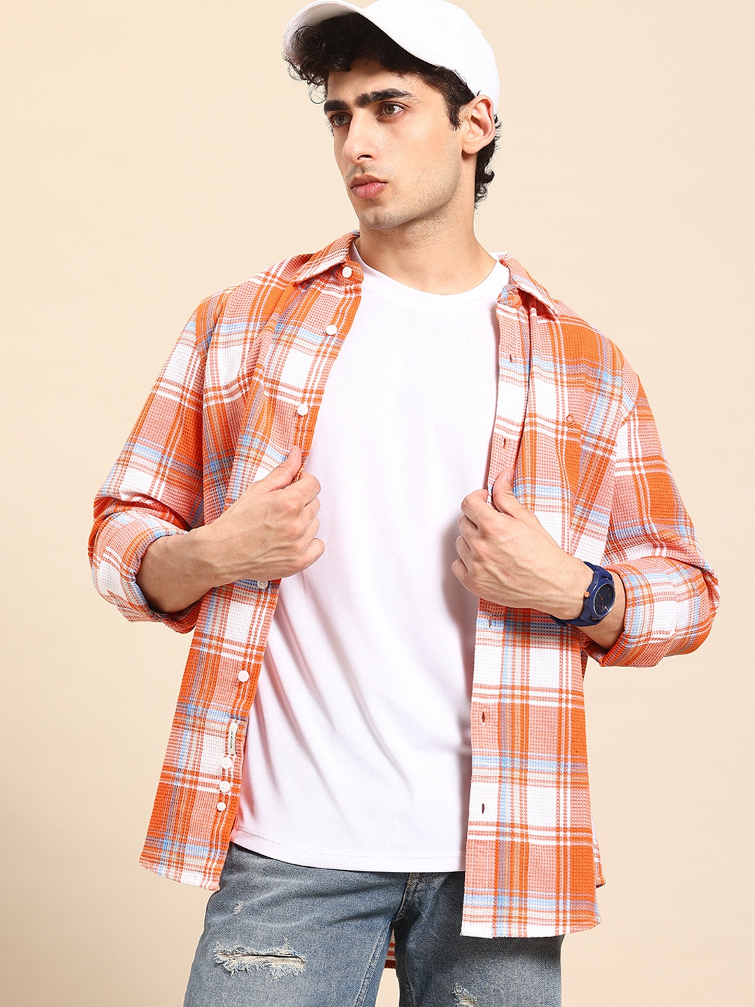 

United Colors of Benetton Tartan Checks Pure Cotton Regular Fit Waffle Knit Shacket, Orange