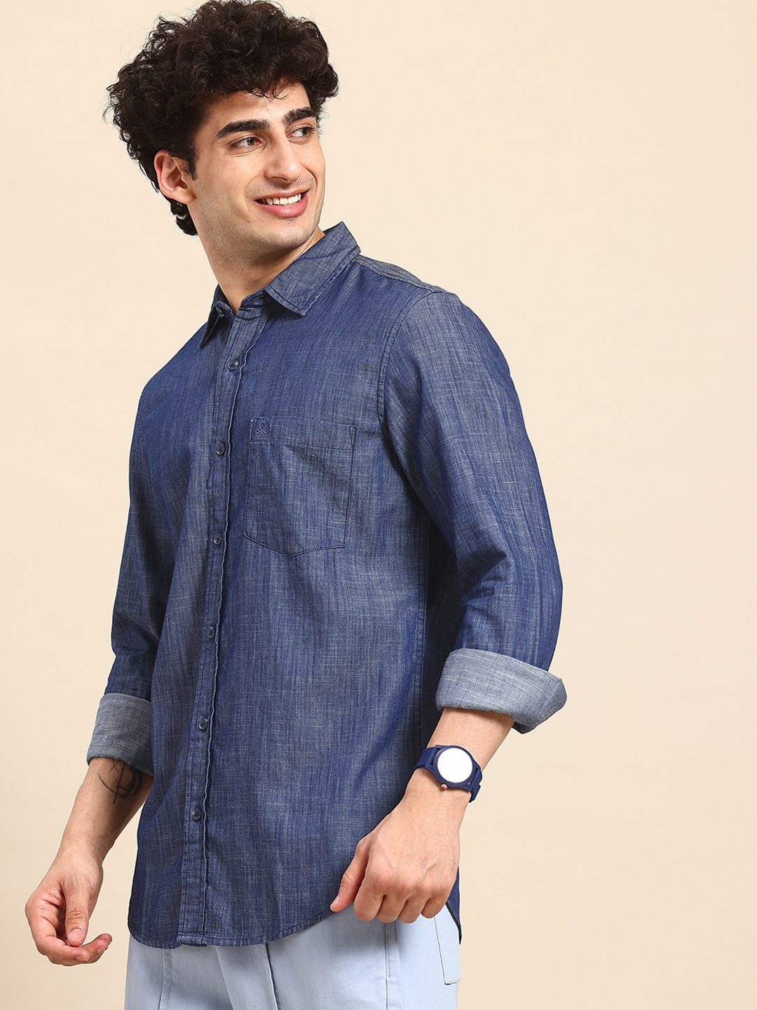 United Colors of Benetton Pure Cotton Chambray Shirt, Navy blue
