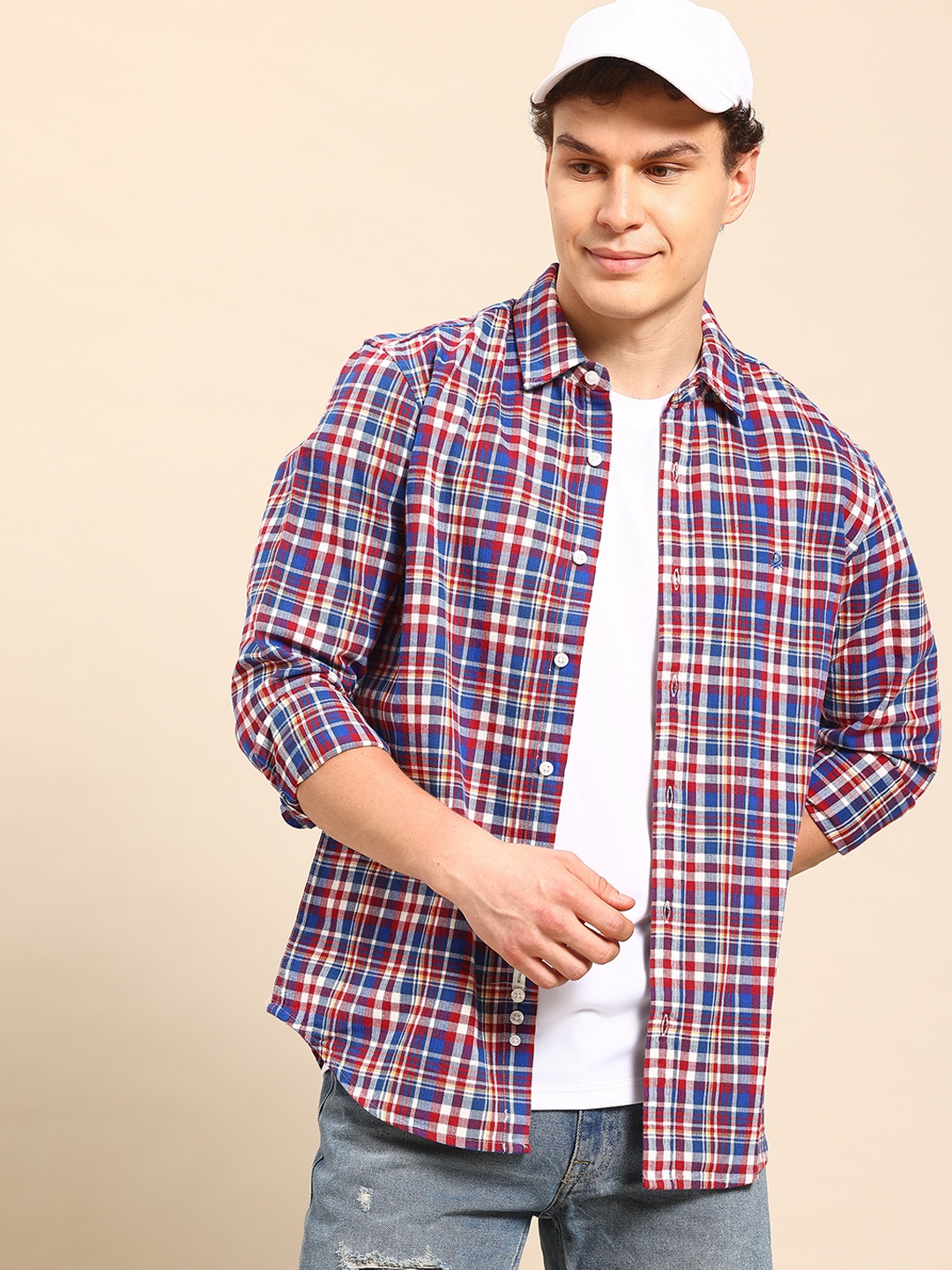 

United Colors of Benetton Checked Herringbone Cotton Shirt, Navy blue