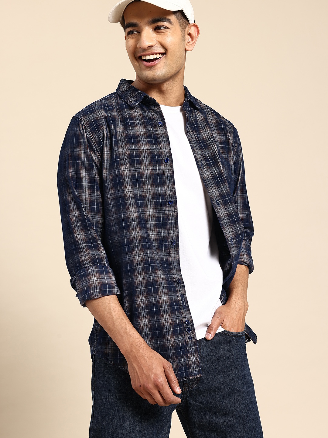 

United Colors of Benetton Corduroy Checked Cotton Shirt, Navy blue