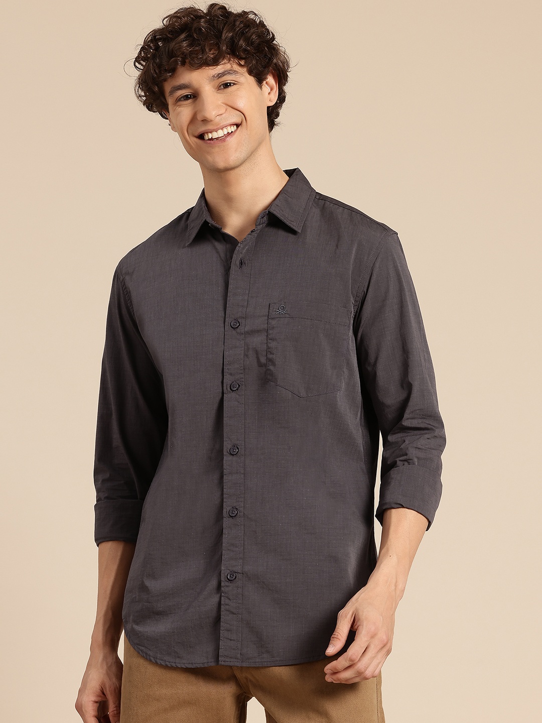 United Colors of Benetton Solid Pure Cotton Casual Shirt, Grey