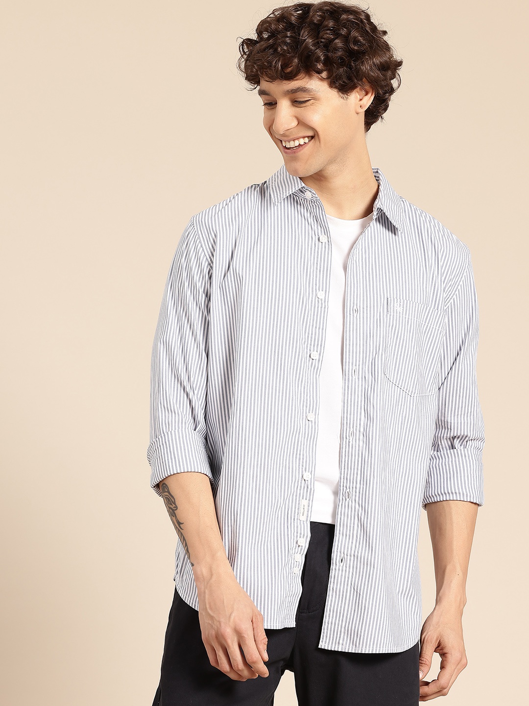 

United Colors of Benetton Striped Pure Cotton Casual Shirt, Grey