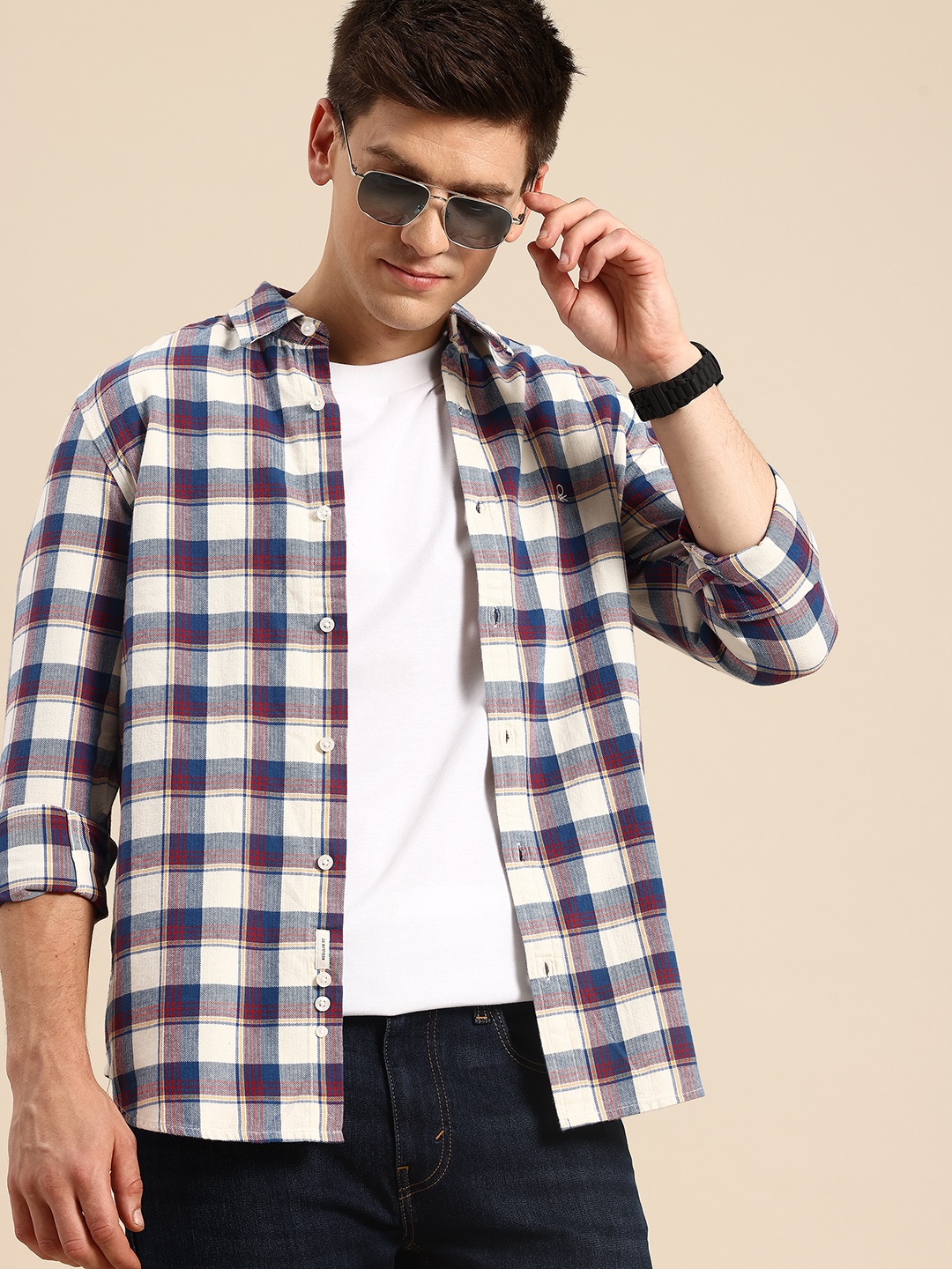 United Colors of Benetton Checked Herringbone Casual Shirt, White