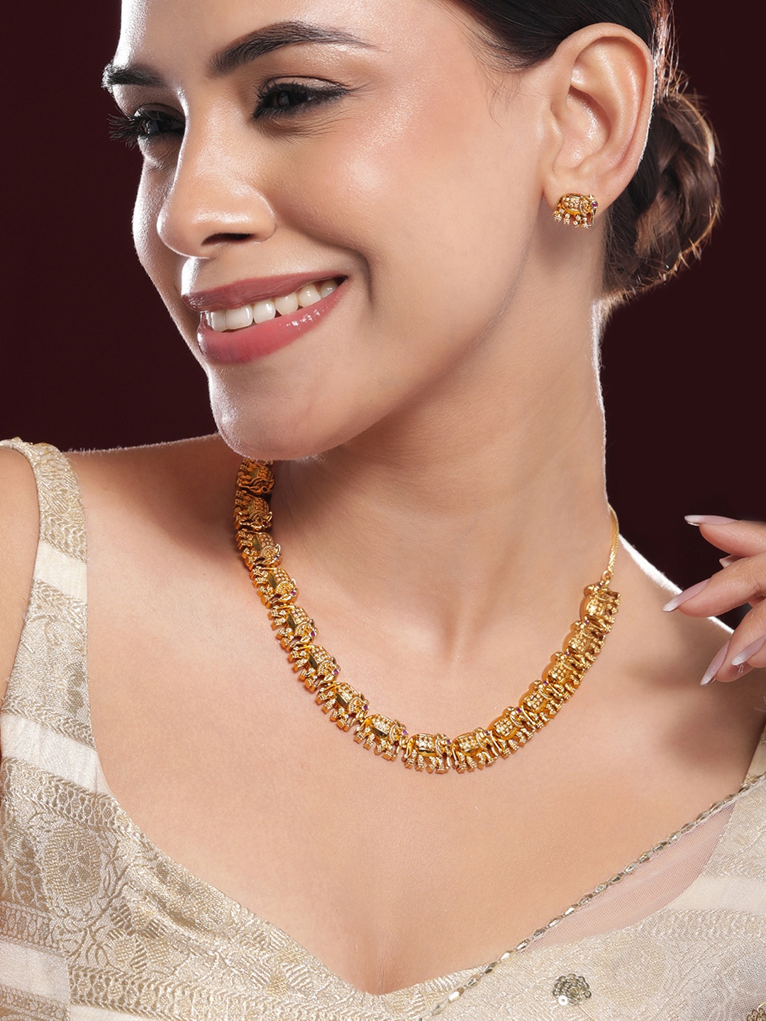 

Rubans 22K Gold-Plated Elephant Motif Traditional Necklace Jewellery Set