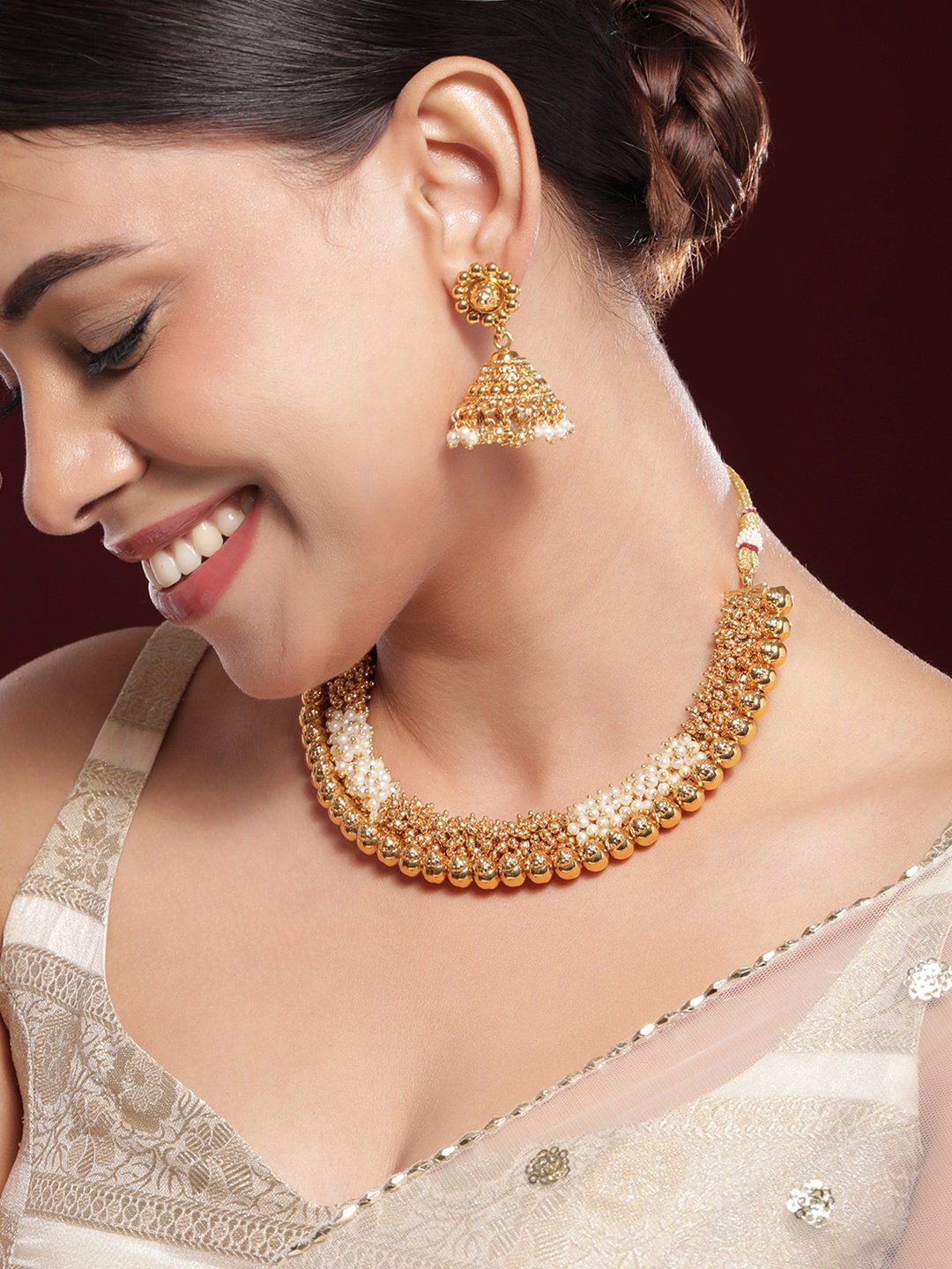 

Rubans 22K Gold-Plated White Pearl & Golden Beads Studded Beaded Traditional Jewellery Set