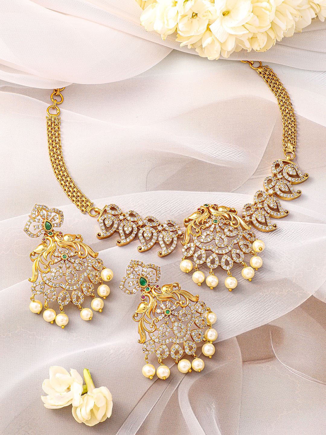 

Rubans 22K Gold-Plated Emerald Green & Cubic Zirconia Jewellery Set with Pearl Beads