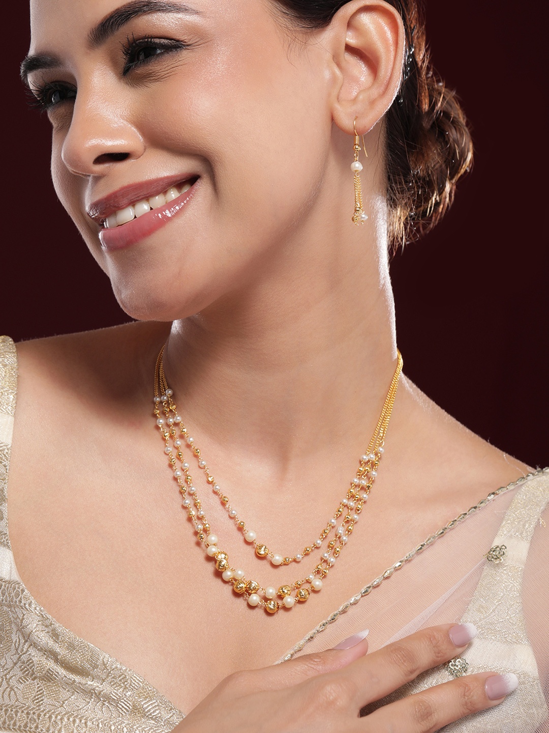 

Rubans 18K Gold-Plated Multilayer Pearl Beaded Necklace Set with Matching Earrings