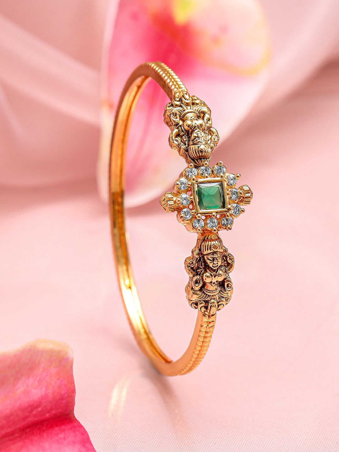 

Rubans 22K Gold-Plated Emerald Green & White Cubic Zirconia Studded Traditional Bracelet