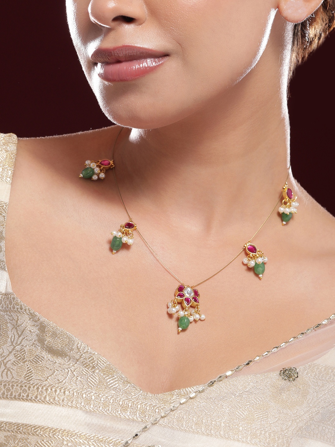 

Rubans 18K Gold-Plated Ruby Pink & Emerald Green Kundan Studded Necklace with Pearl Accent