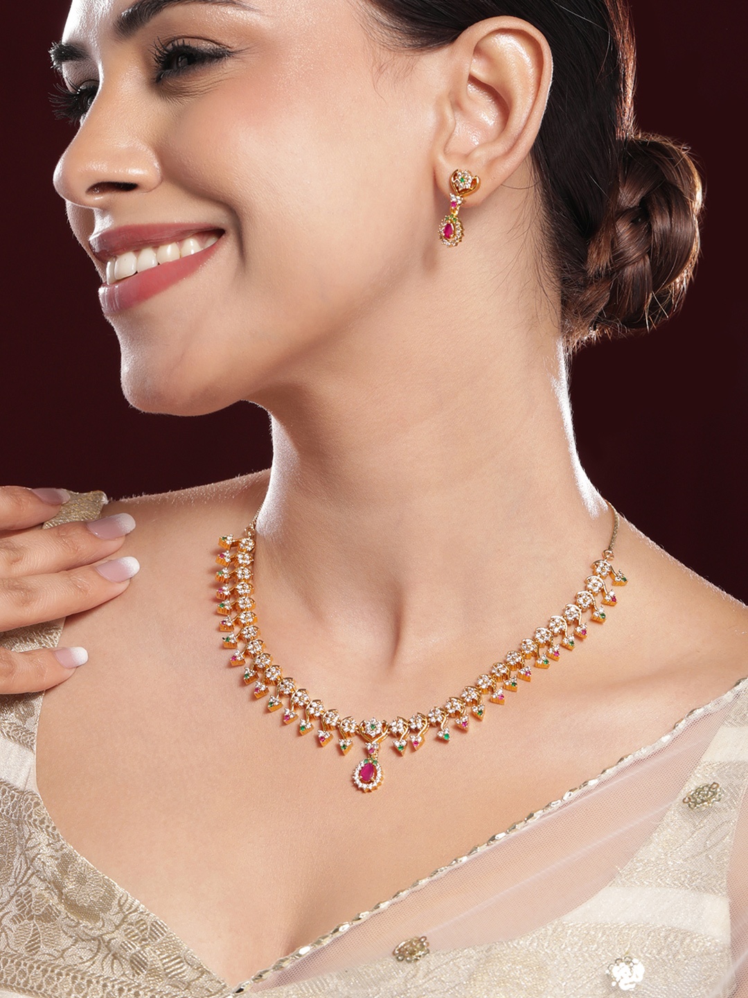 

Rubans 22K Gold-Plated Ruby Pink, Emerald Green & White Cubic Zicronia Stone Necklace Set