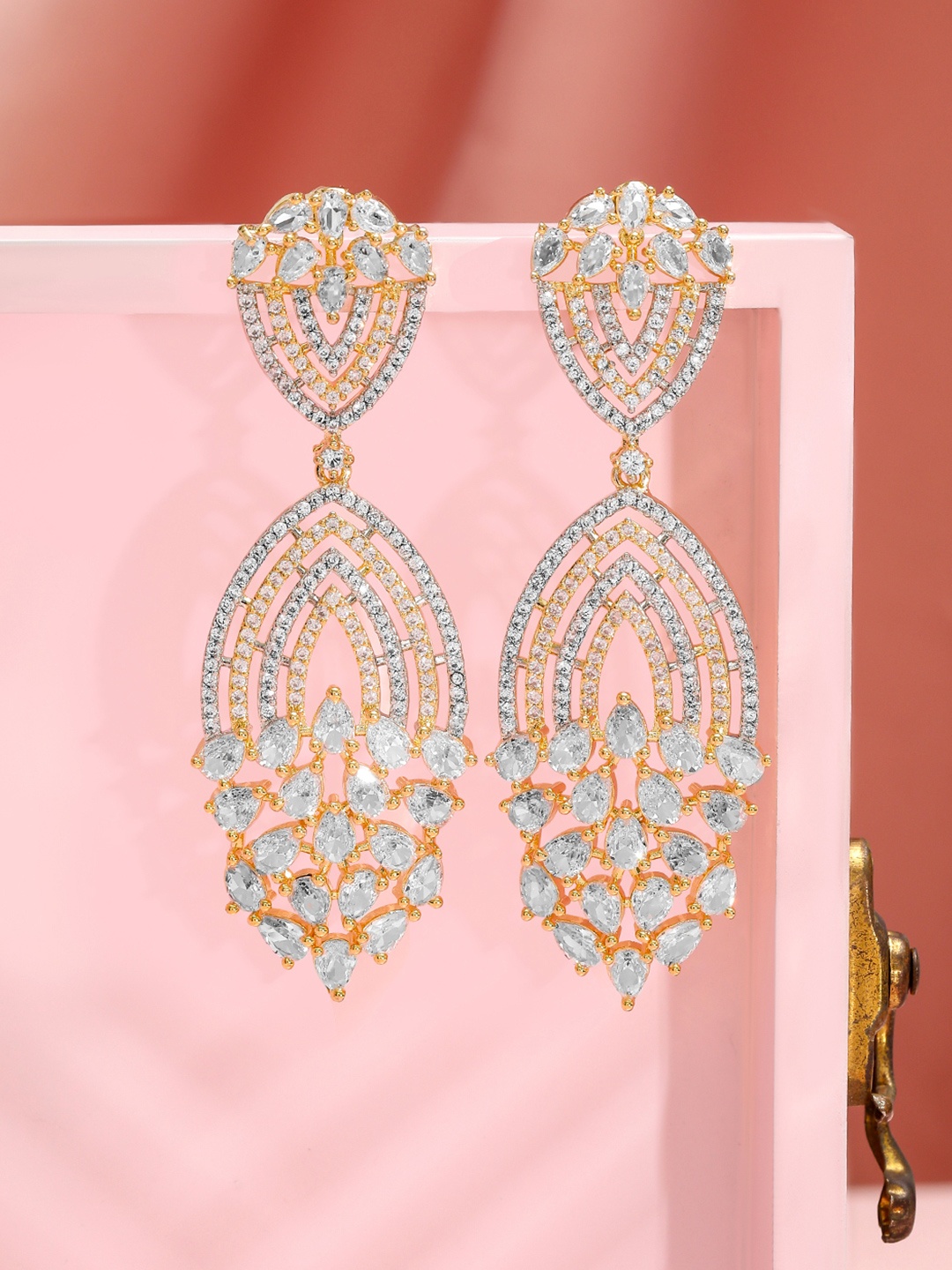 

Rubans 18K Gold-Plated White Cubic Zirconia Studded Statement Dangle Earrings