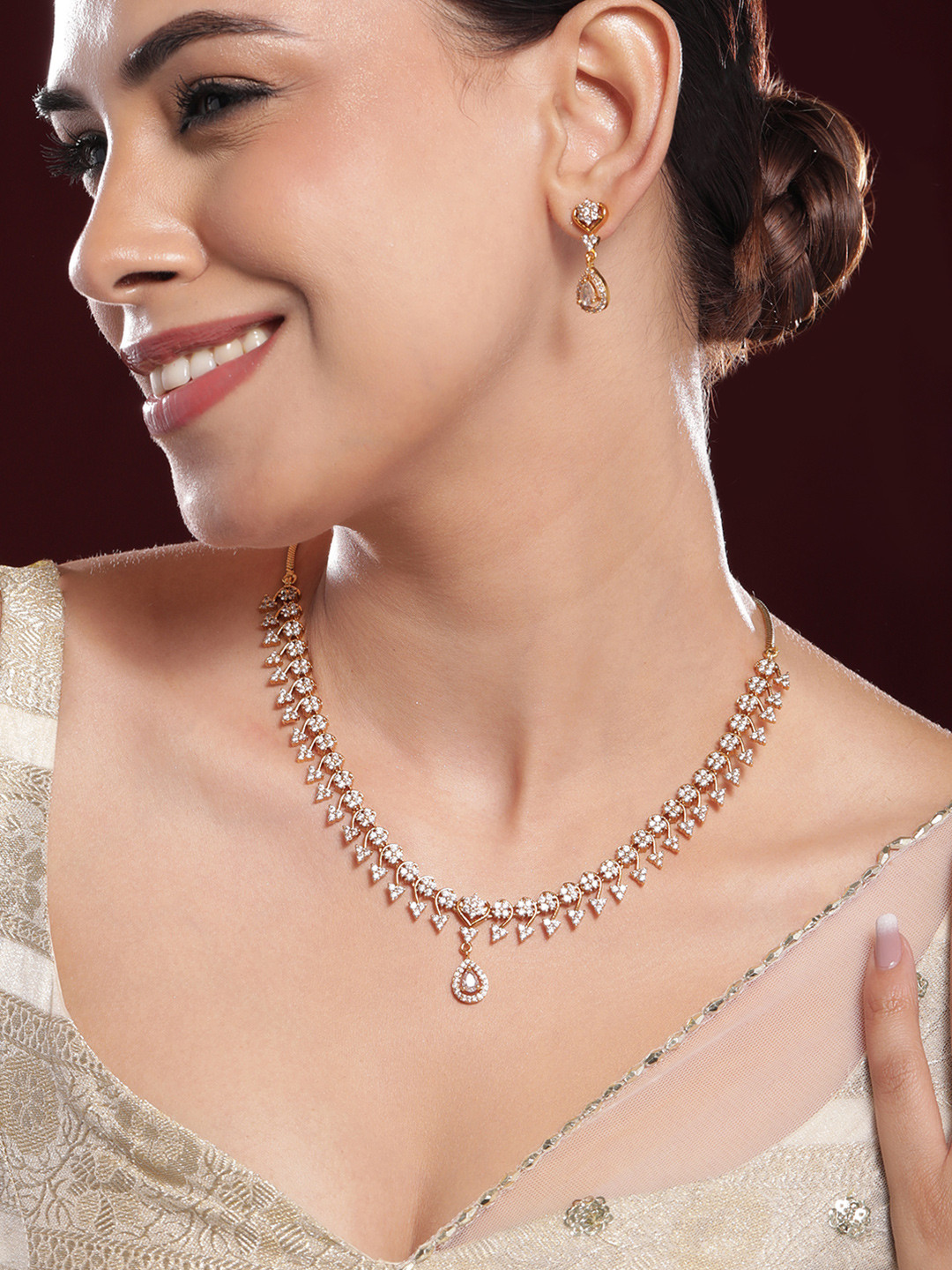 

Rubans 22K Gold-Plated White Cubic Zirconia Studded Necklace Set with Teardrop Earrings