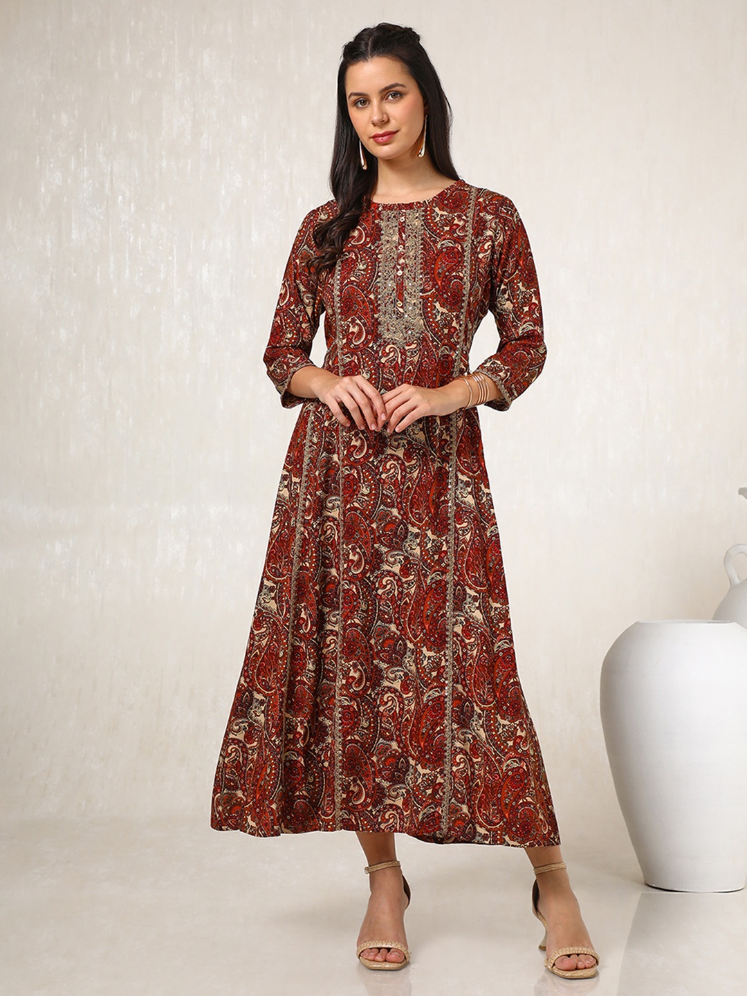 

Soch Women Ethnic Motifs Printed A-Line Maxi Ethnic Dress, Maroon