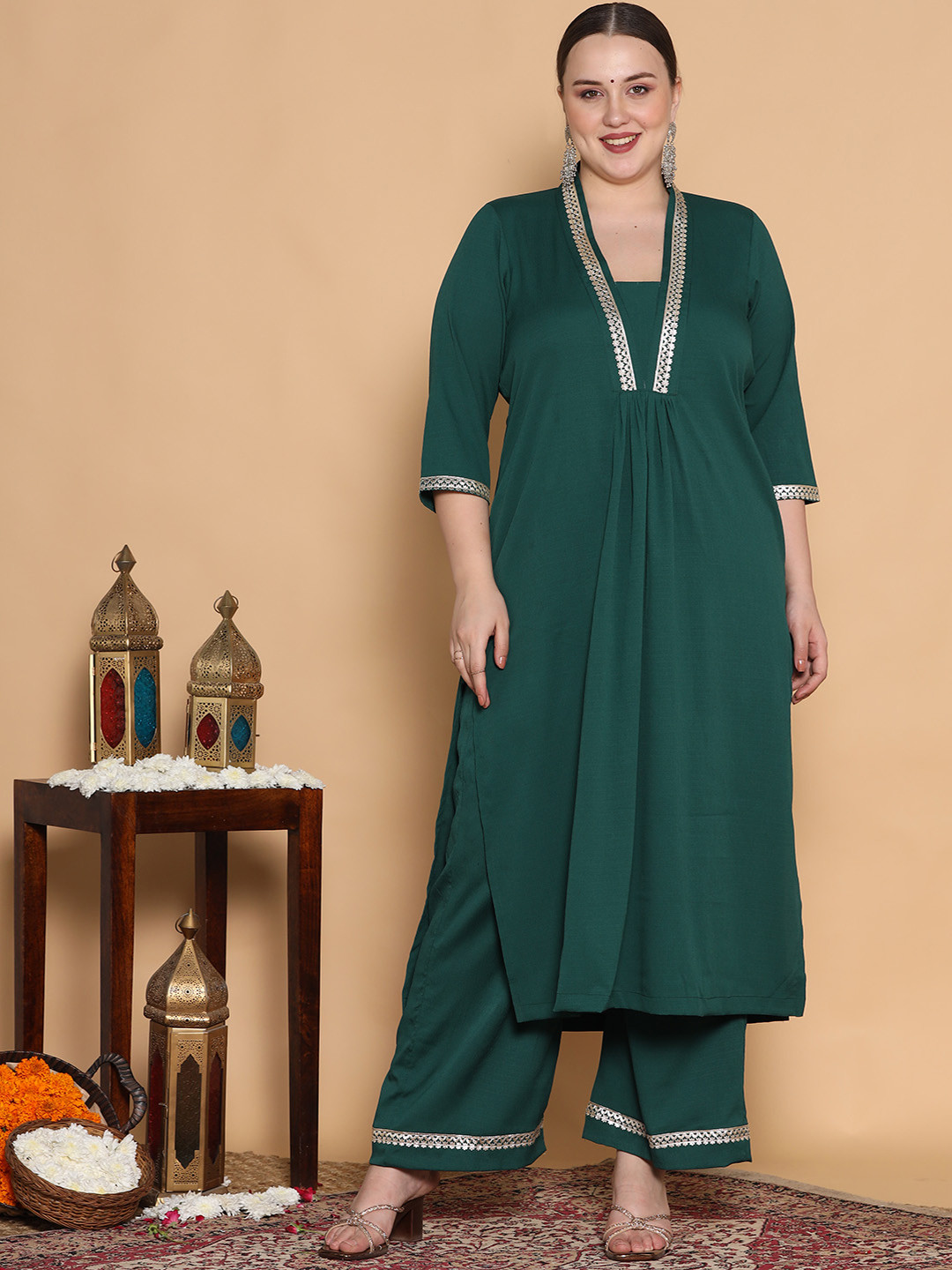 

LetsDressUp Round Neck A-Line Ethnic Dress, Green