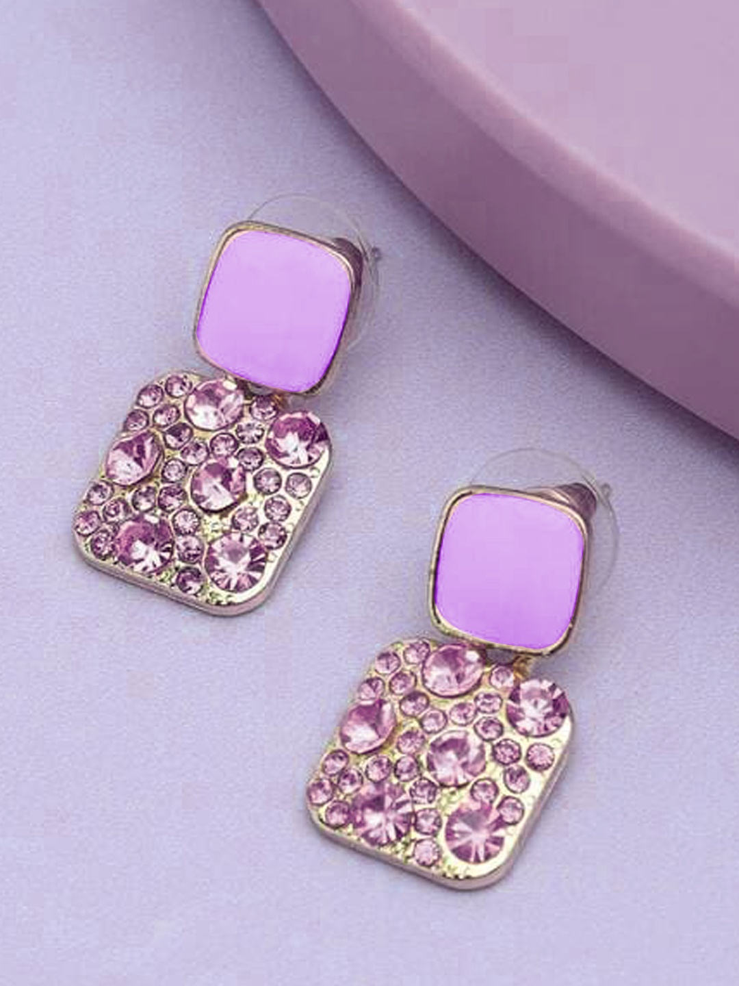 

VAGHBHATT Gold-Plated Crystal & Rhinestone Studded Square Shaped Drop Earrings