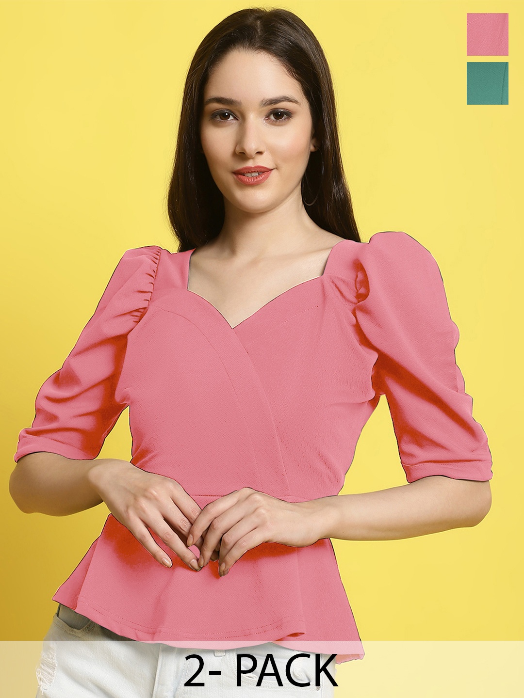

Metronaut Women Pack Of 2 Square Neck Peplum Top, Green