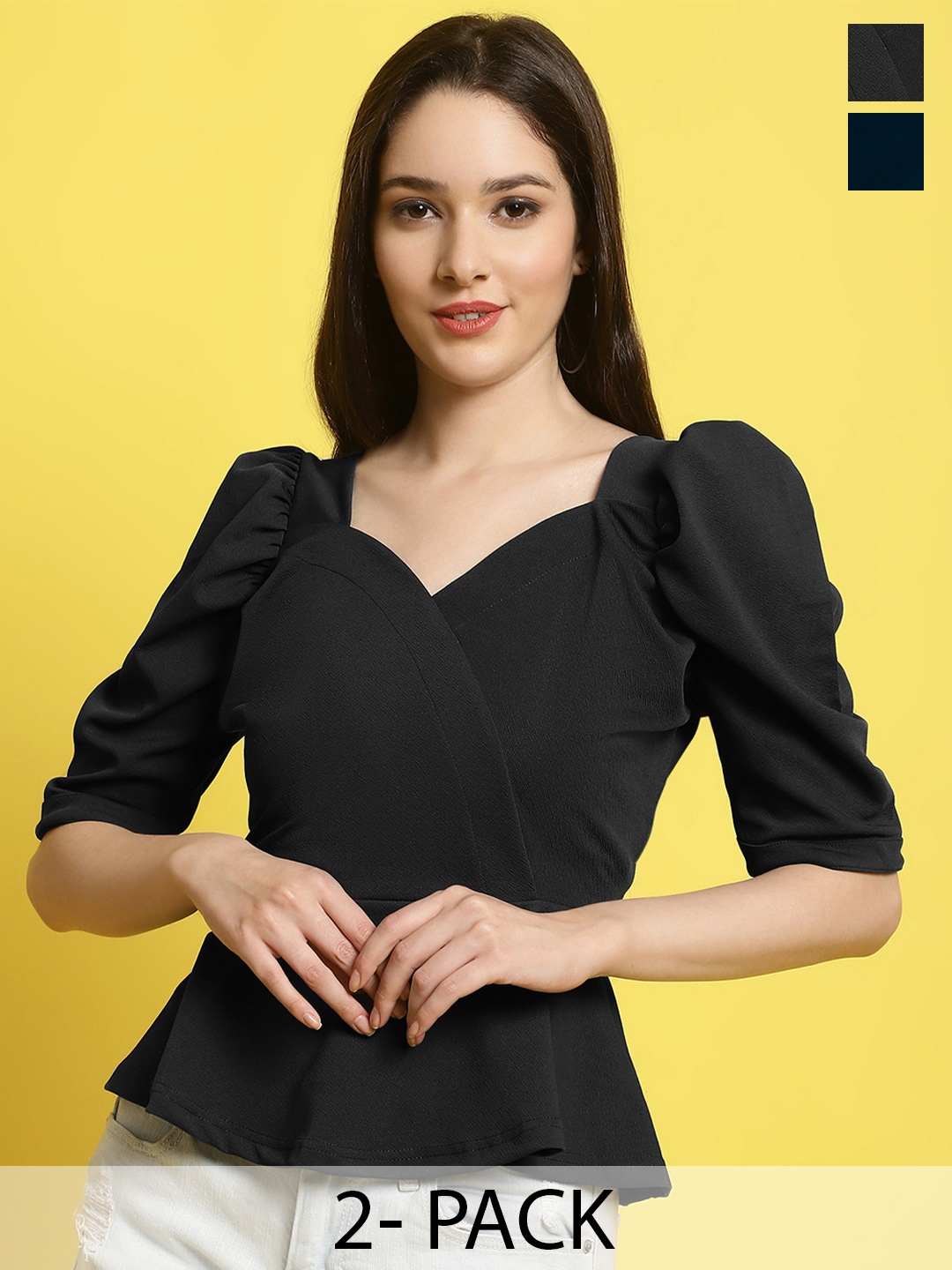 

Metronaut Women Pack Of 2 Sweetheart Neck Crop Peplum Top, Black