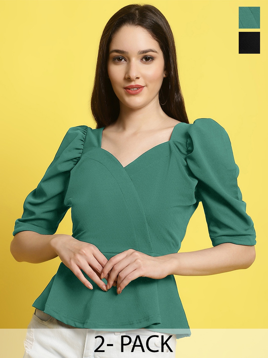 

Metronaut Women Pack Of 2 Sweetheart Neck Crop Top, Green