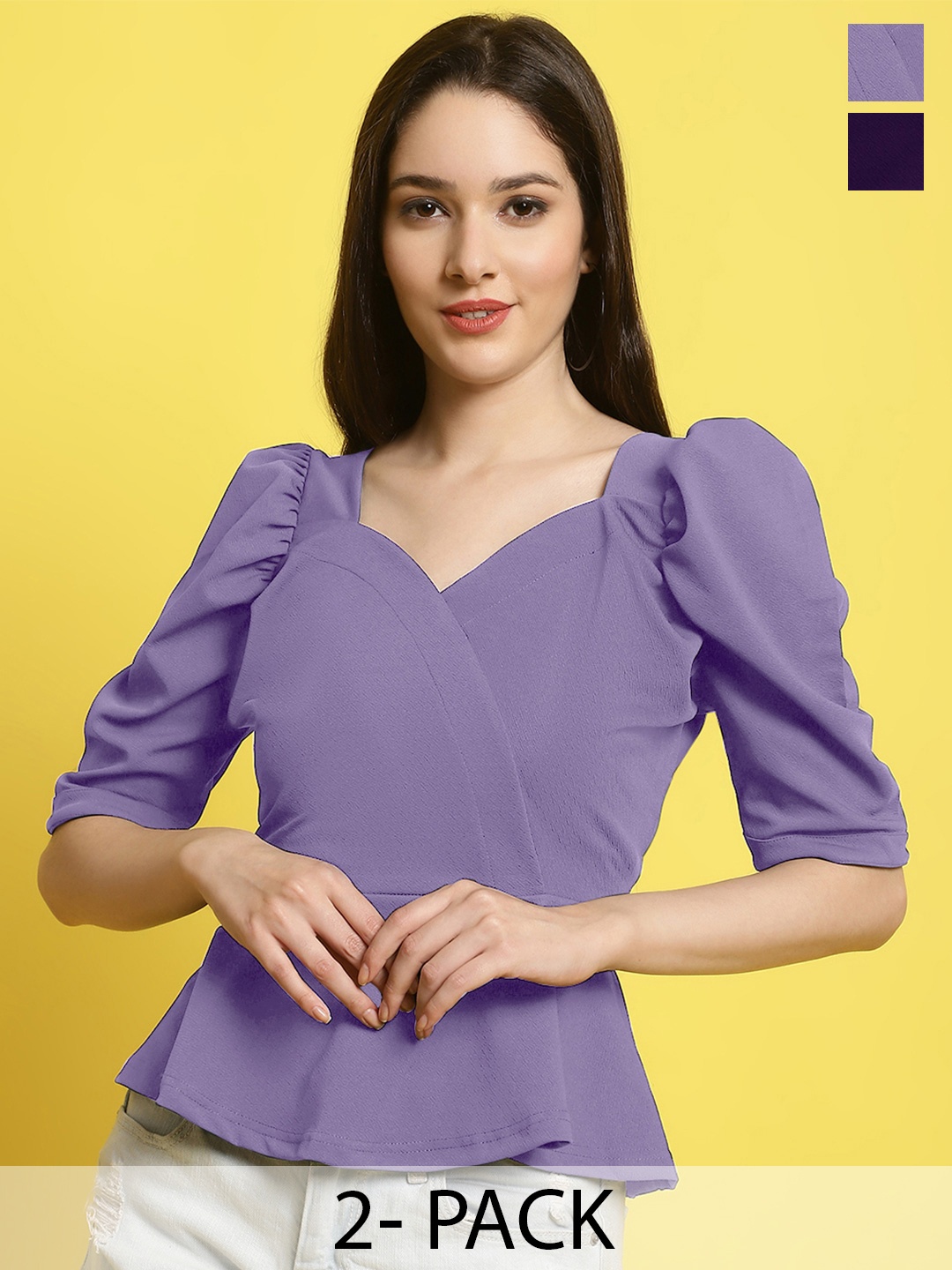 

Metronaut Women Pack Of 2 Puff Sleeves Crop Regular Top, Purple