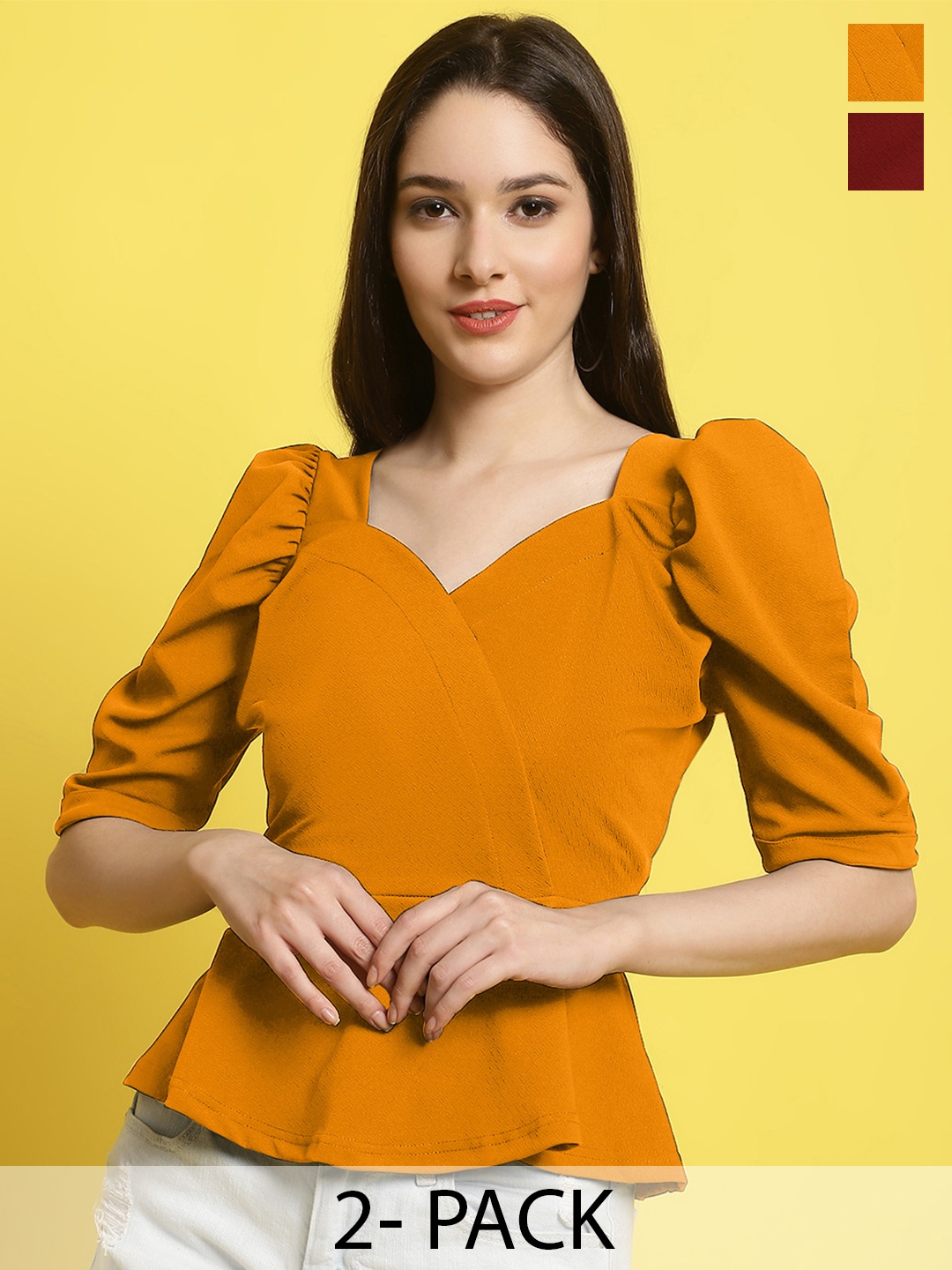 

Metronaut Women Pack Of 2 Round Neck Top, Yellow
