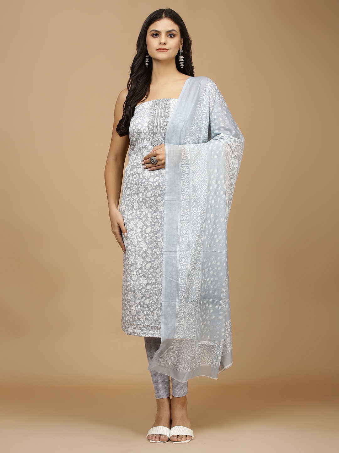 

Meena Bazaar Floral Printed Unstitched Dress Material, Grey