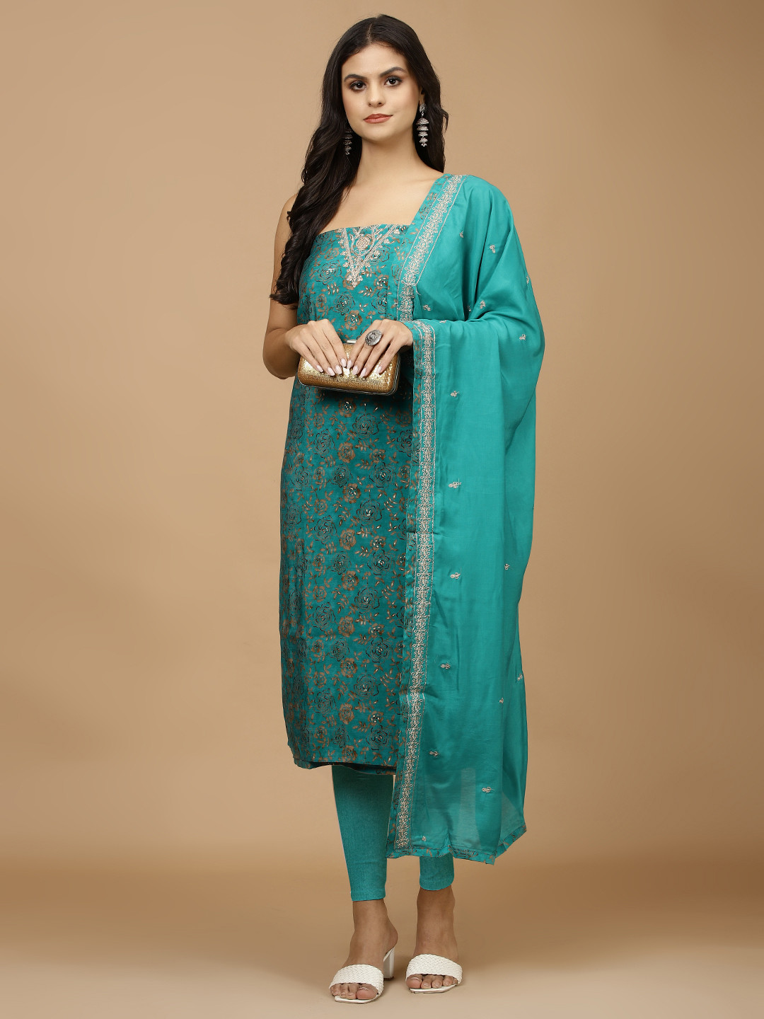 

Meena Bazaar Floral Printed Beads and Stones Unstitched Dress Material, Blue