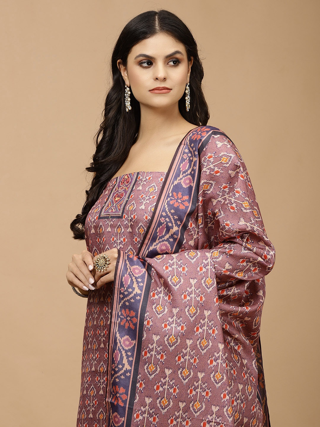 

Meena Bazaar Ethnic Motifs Printed Unstitched Dress Material, Pink