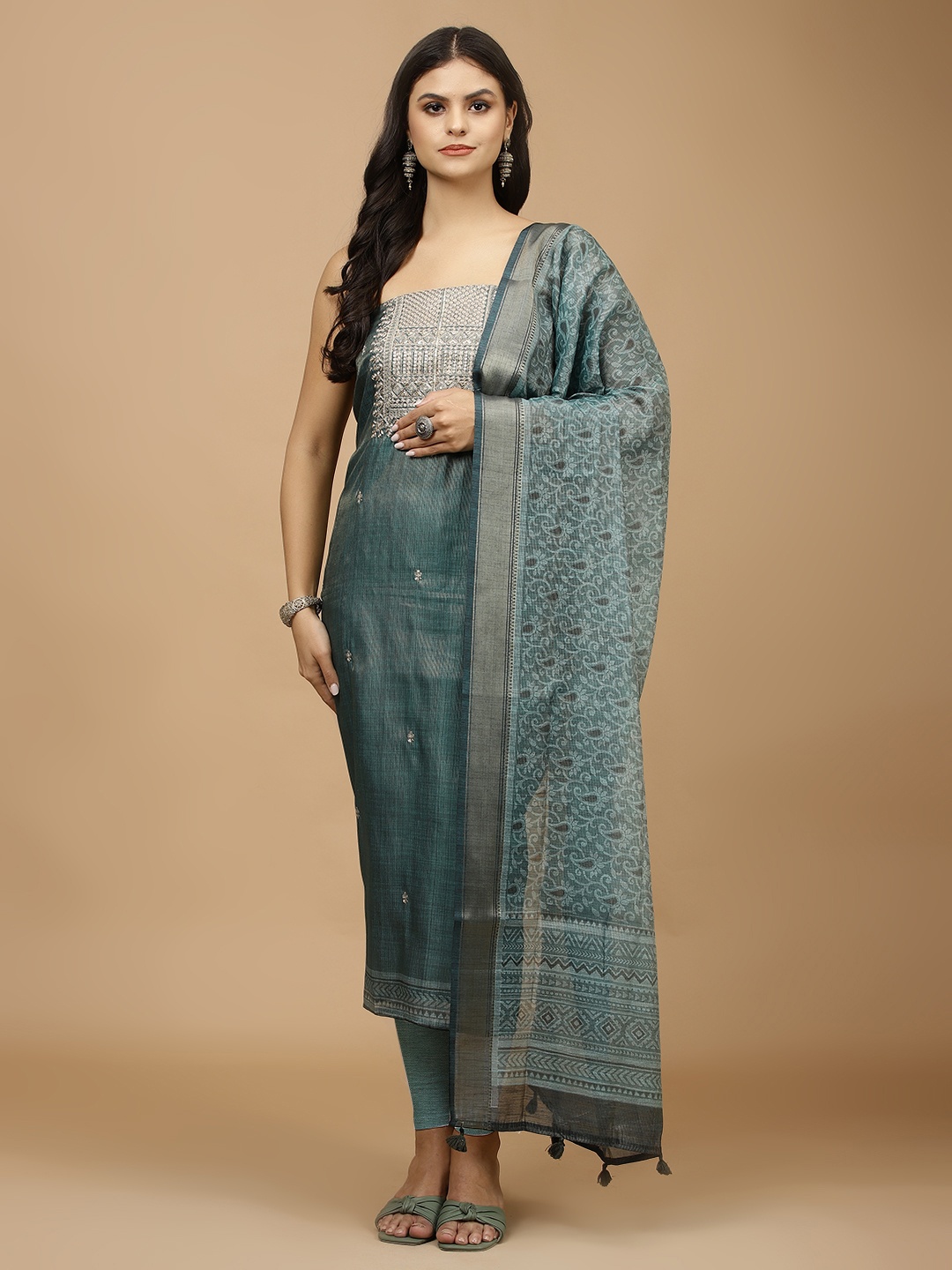 

Meena Bazaar Embroidered Unstitched Dress Material, Sea green