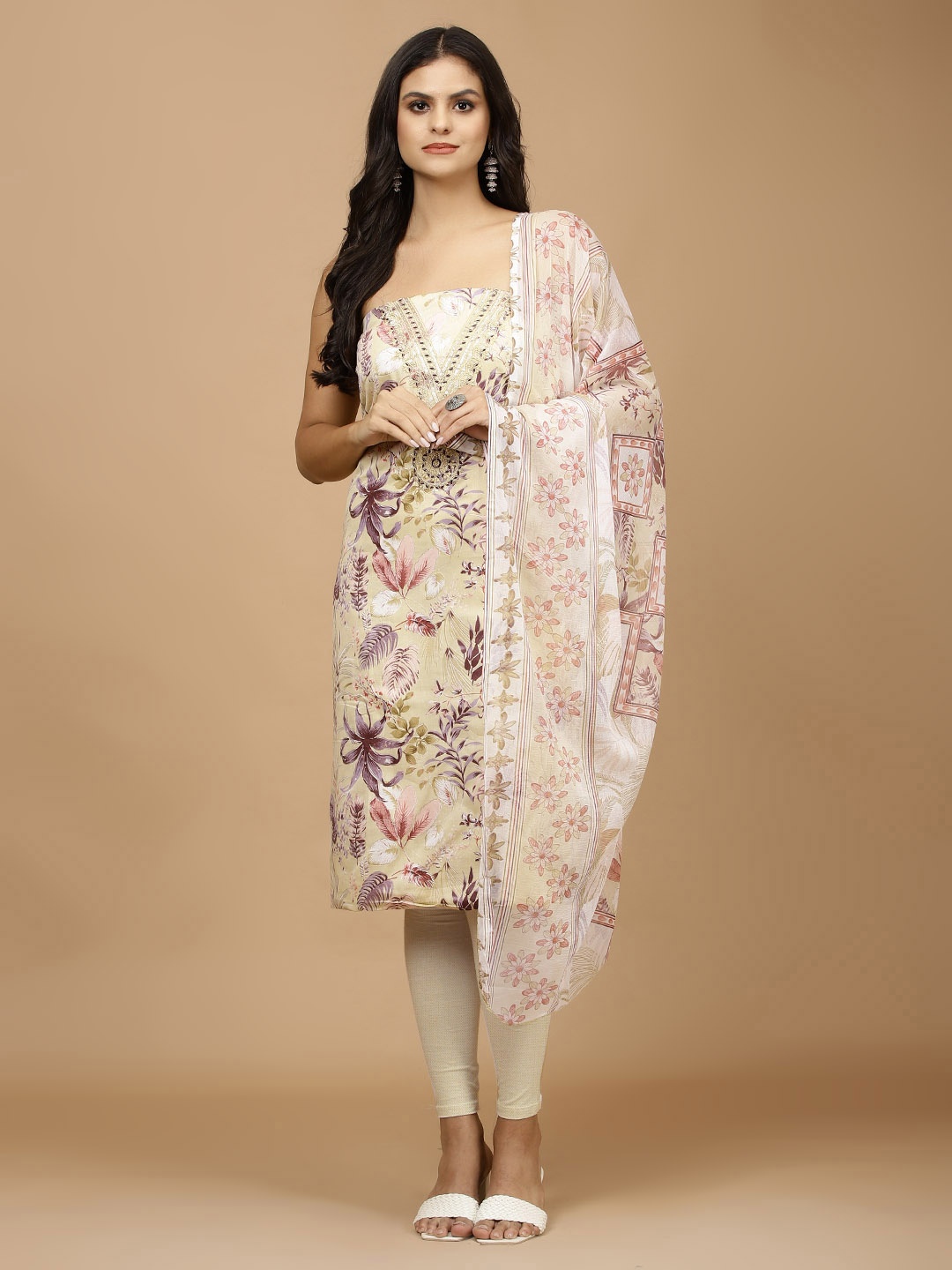 

Meena Bazaar Floral Printed Zari Unstitched Dress Material, Beige