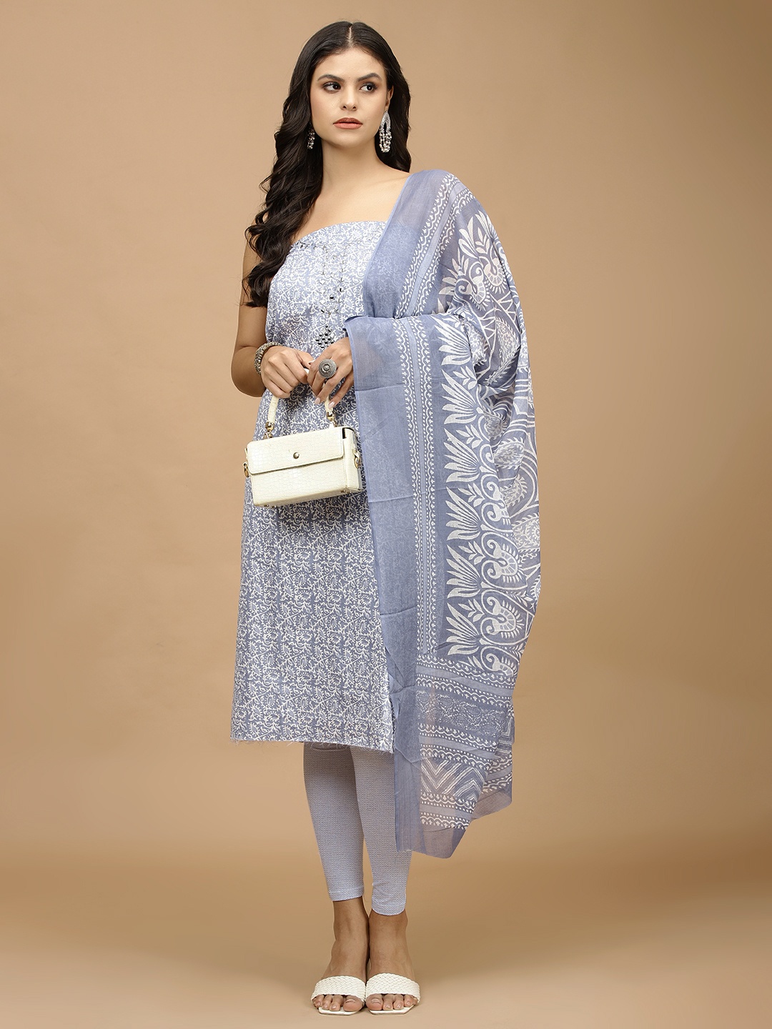 

Meena Bazaar Floral Printed Mirror Work Unstitched Dress Material, Blue